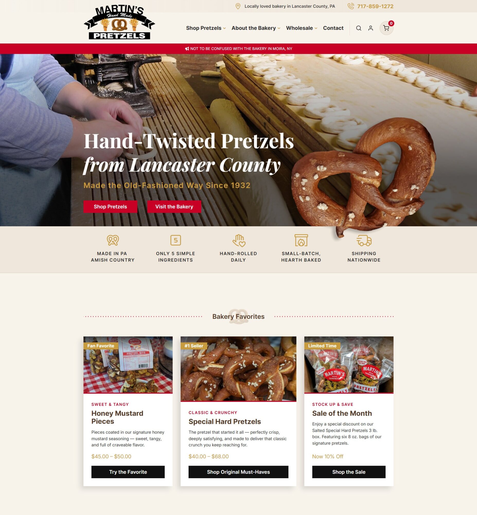 Hands decorating pretzels at bakery, pretzels on table, bakery sign, and website header with bakery info.
