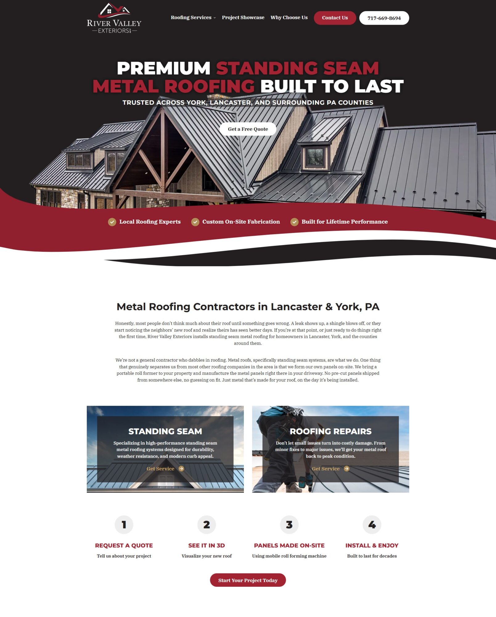 Website header with roofing company logo, navigation menu, and promotional text about metal roofing and standing seam systems.