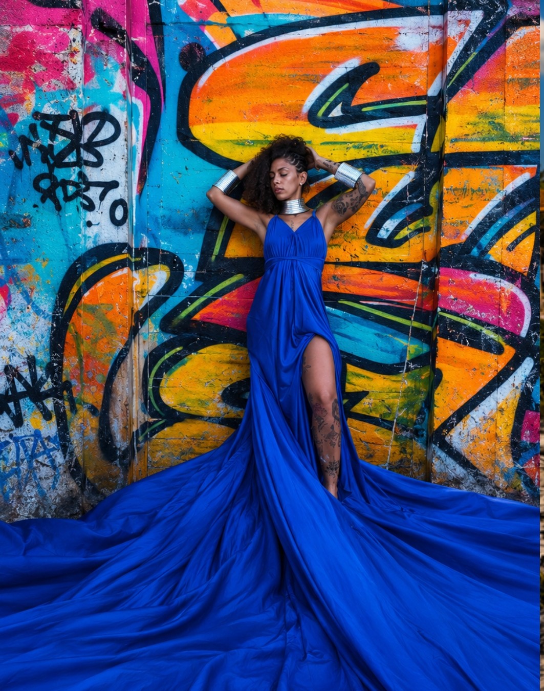 Woman in a flowing blue dress with a high slit, standing against a colorful graffiti wall.