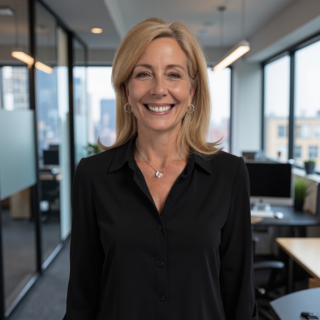 Smiling woman with blonde hair in a black blouse, in a modern office with large windows and desks.