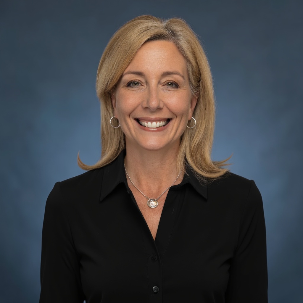 Smiling woman with blonde hair wearing a black shirt and jewelry, against a blue background.