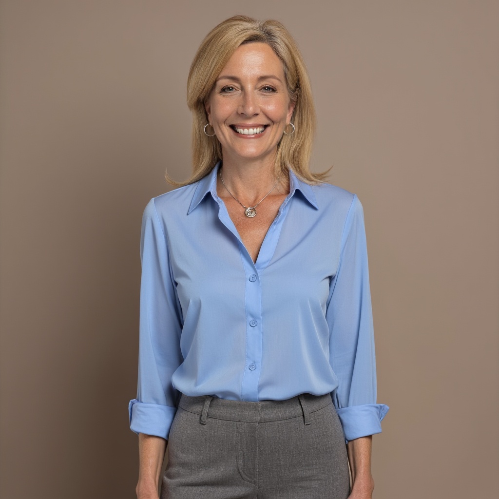 Woman with blonde hair smiling, wearing a light blue shirt and gray pants, standing against a beige background.