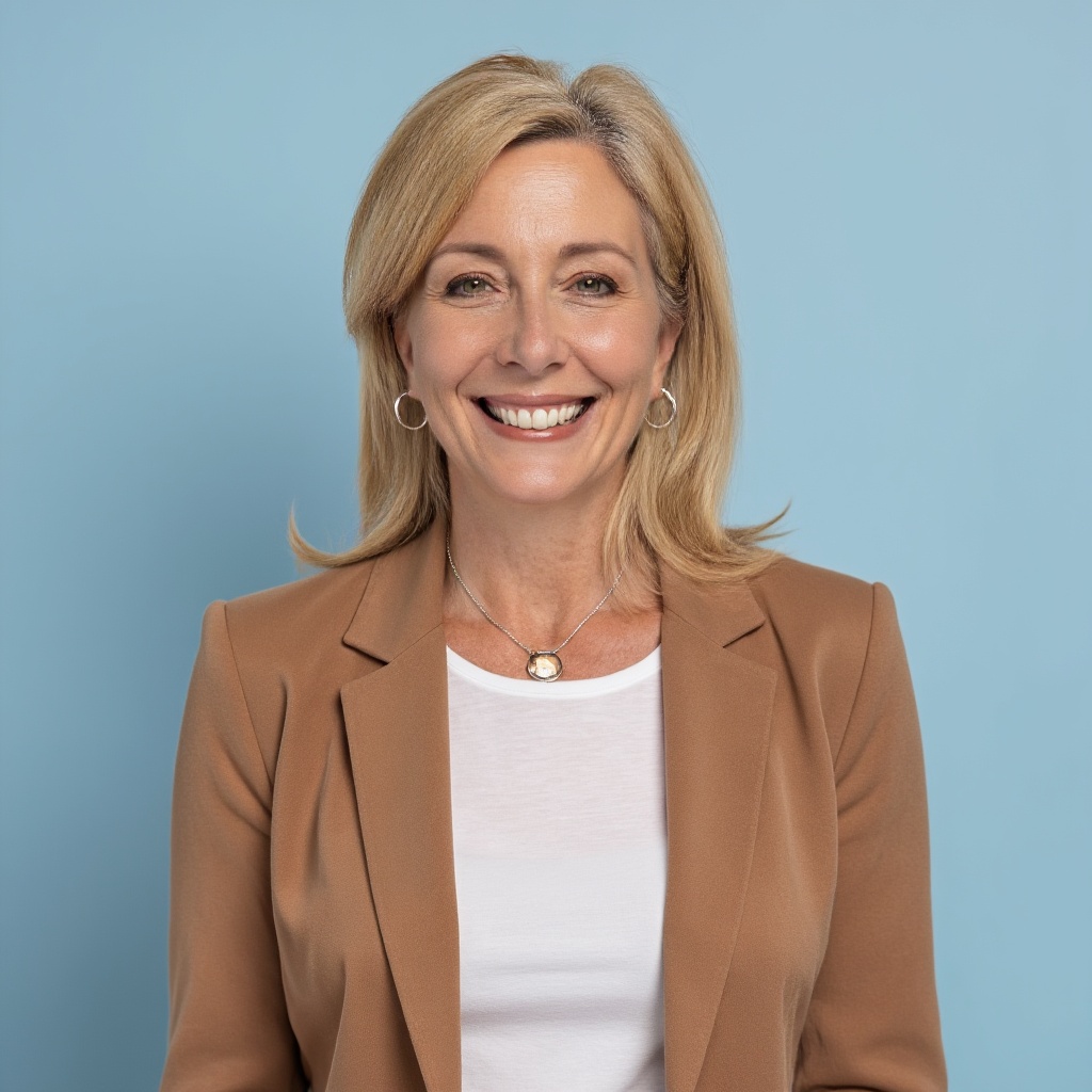 Smiling woman with blonde hair wearing a tan blazer and white top against a blue background.