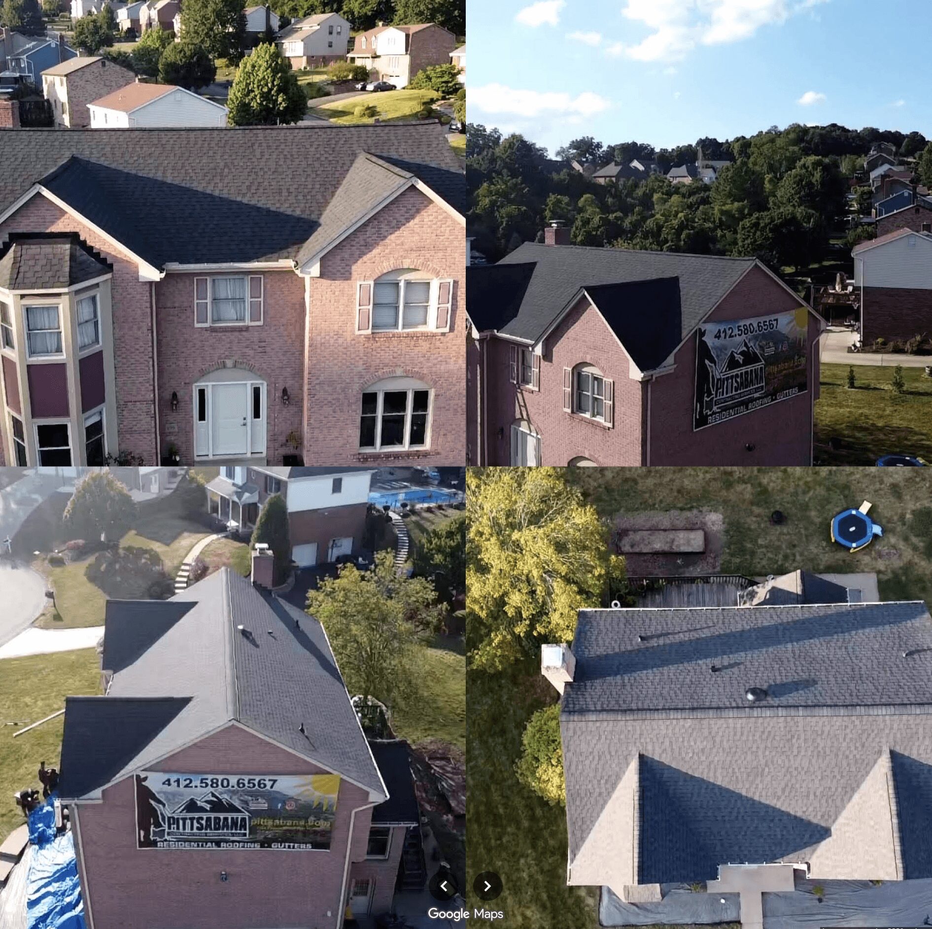 Aerial view of residential houses with trees and yards, some with signs, under a partly cloudy sky.