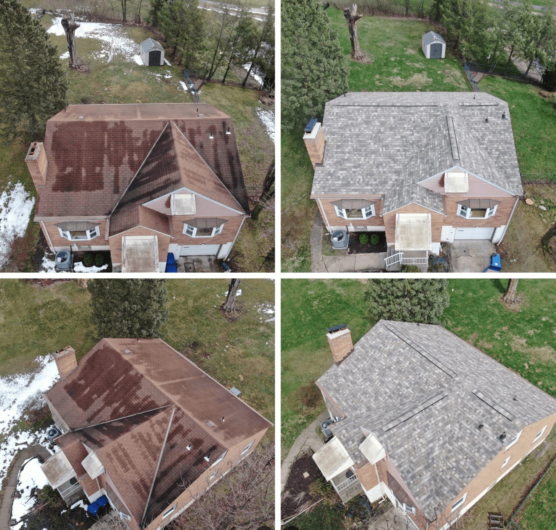 A house before and after cleaning and roof repair, showing the roof's transformation from dirty to clean. Four images.