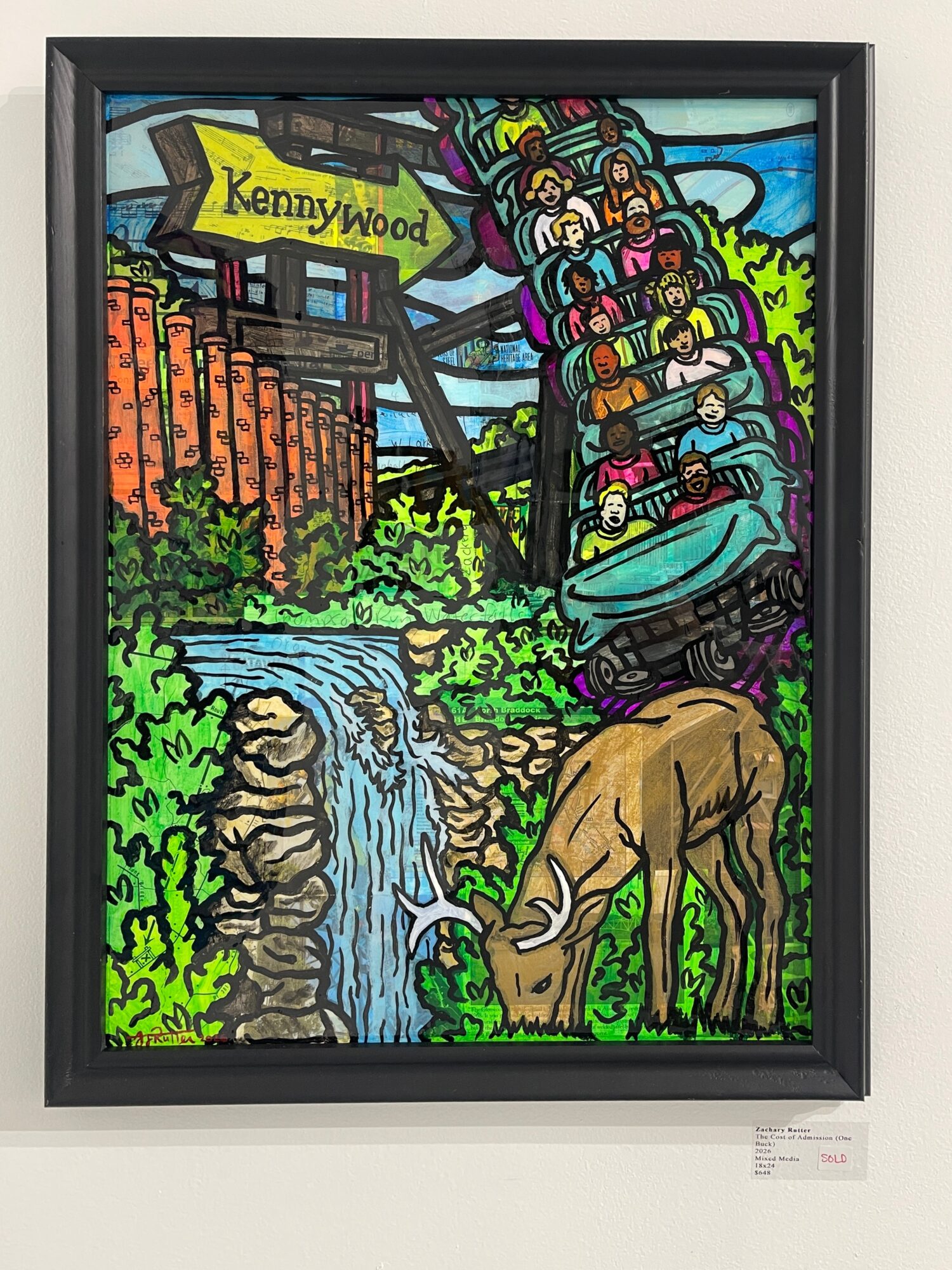 Colorful painting of a roller coaster, waterfall, and a deer in a natural setting with a Kennywood sign, framed artwork.