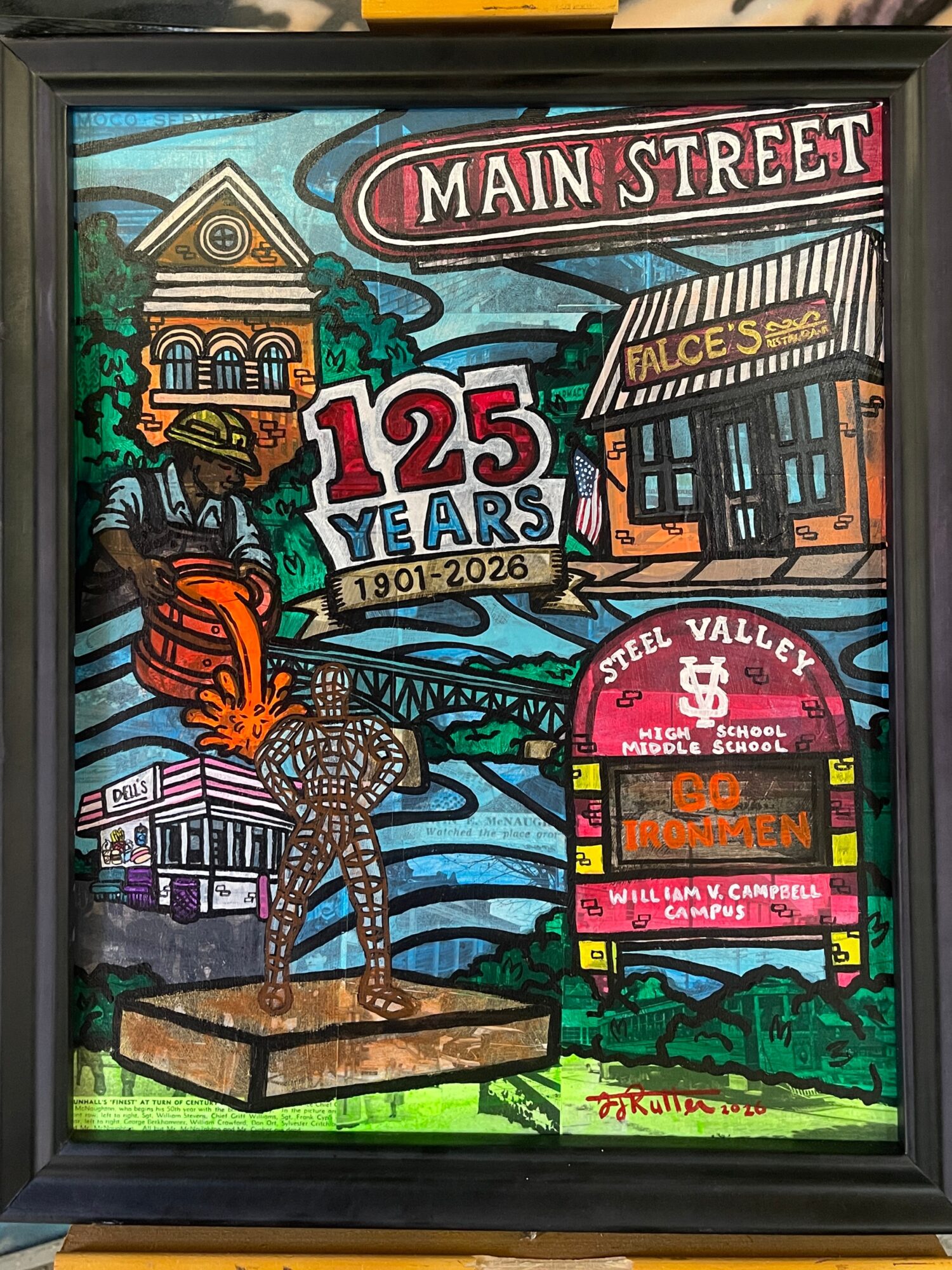 Colorful illustration celebrating 125 years of Main Street, featuring buildings, a street sign, a statue, and trees.
