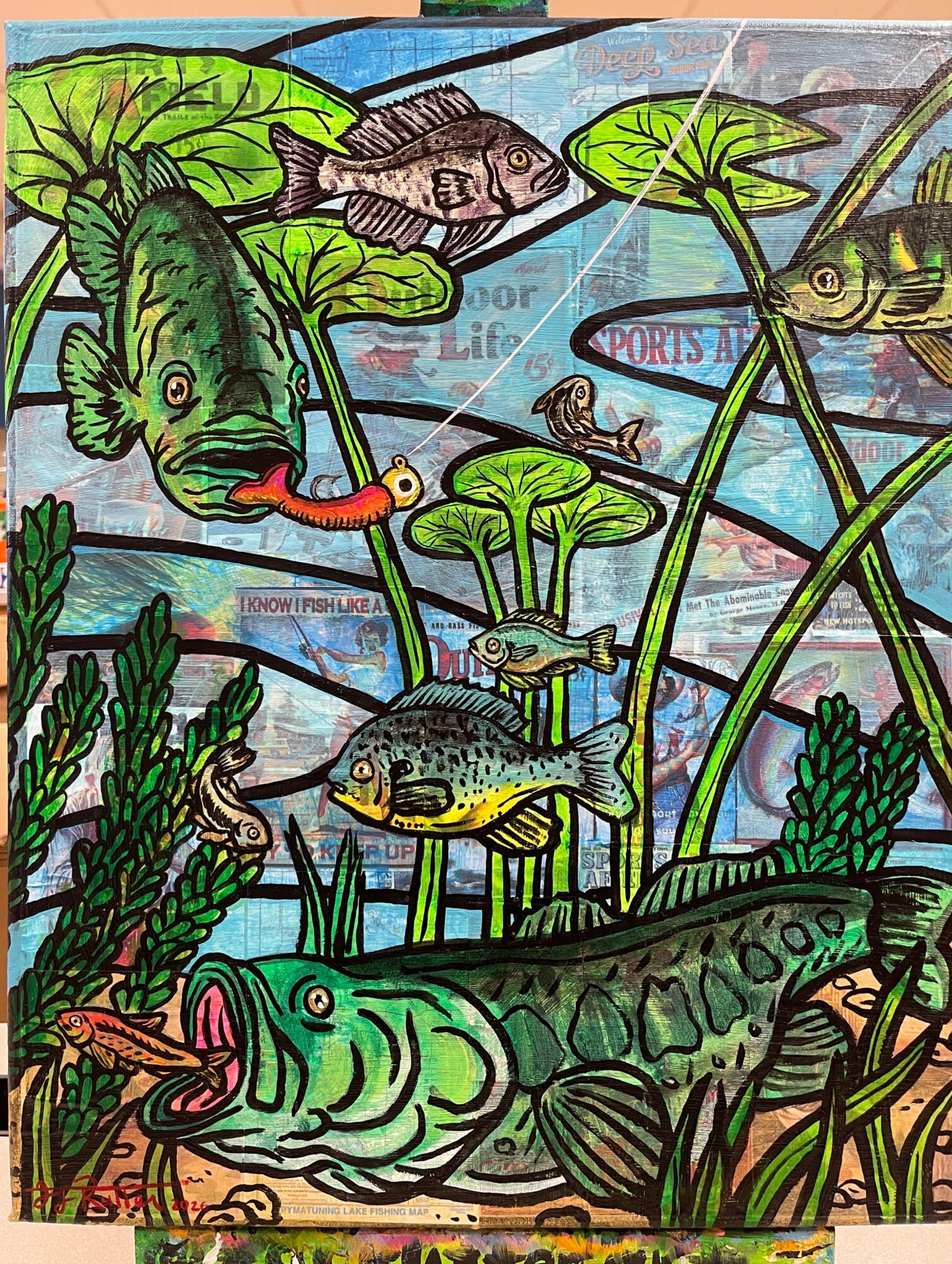 Colorful illustration of fish, lily pads, and aquatic plants in a pond scene with a large fish at the bottom.