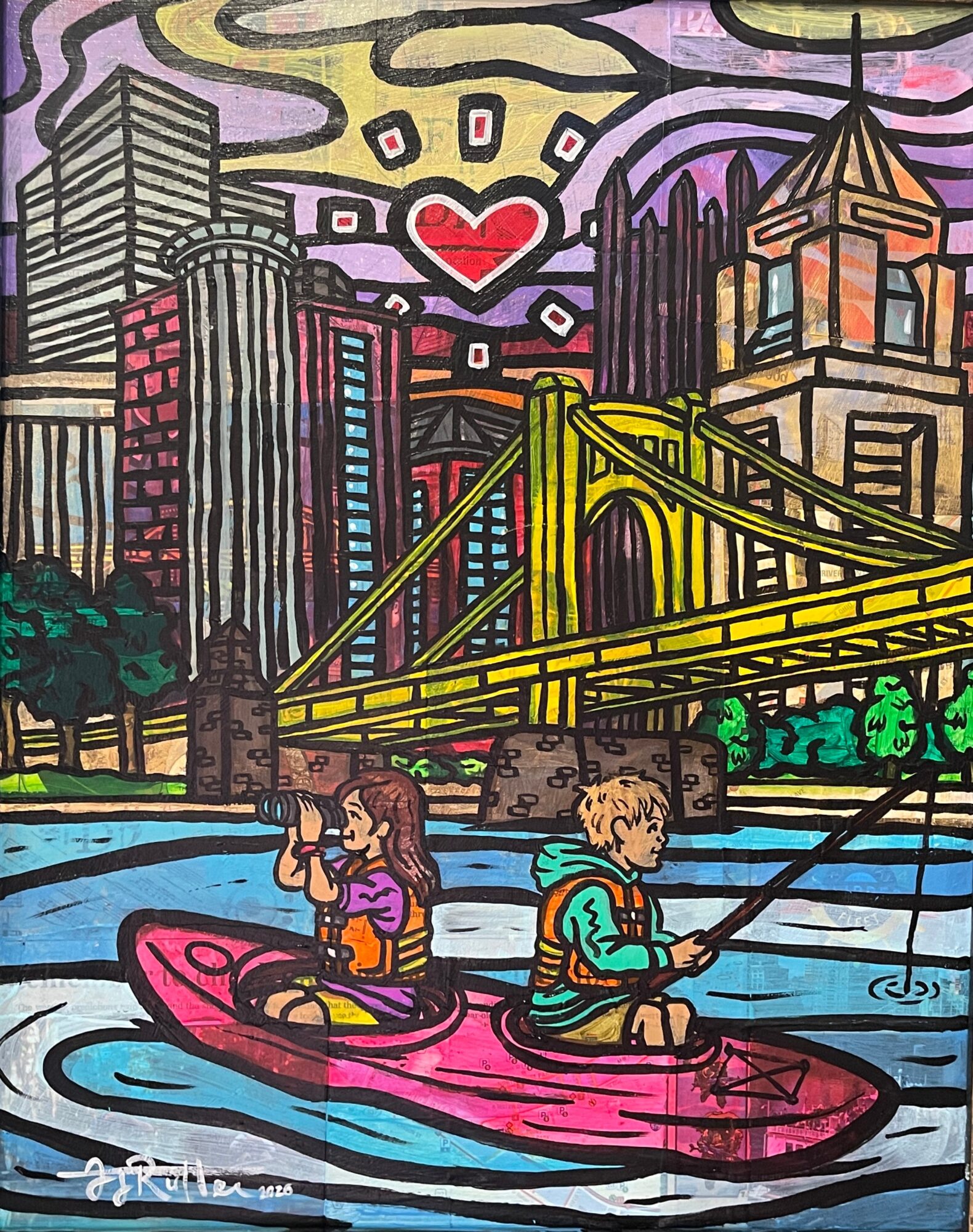 Two children in a pink kayak fishing on a river with a city skyline and a heart in the sky, colorful and vibrant.