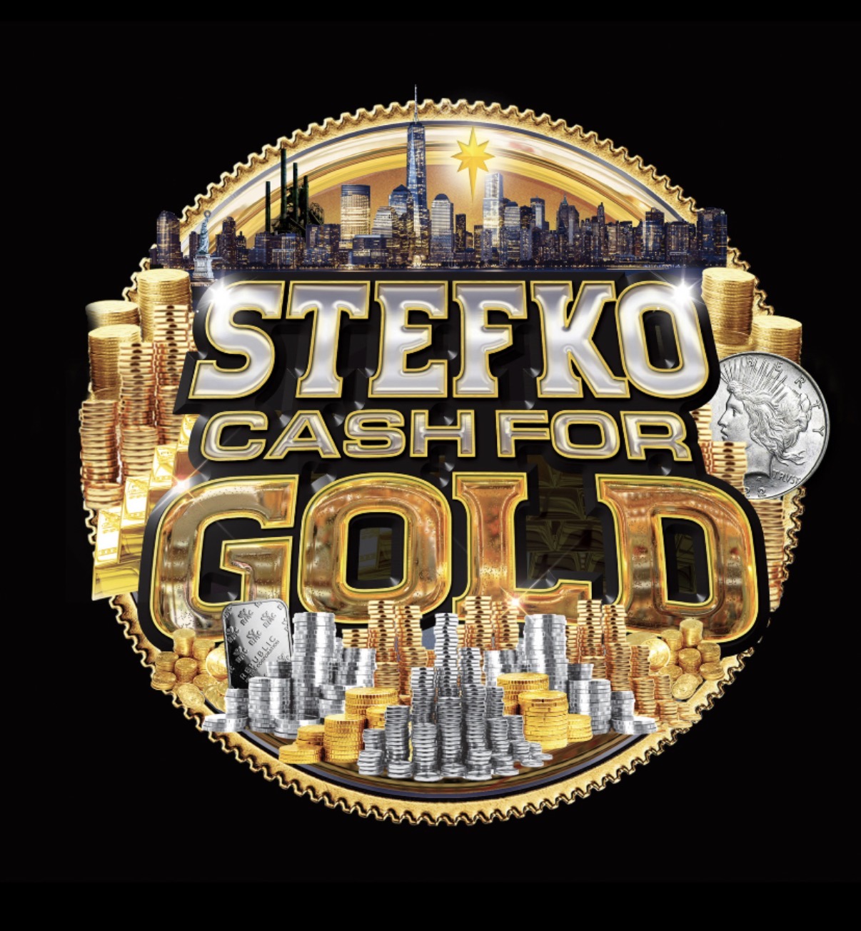 Logo with city skyline, gold coins, and the text 'STEFKO CASH FOR GOLD' on a black background.