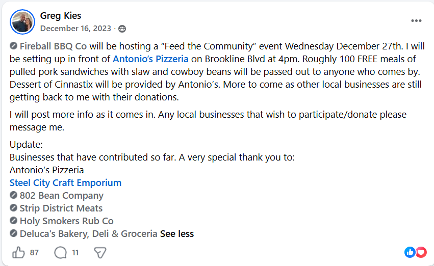 Facebook post announcing a community BBQ event at Antonio's Pizzeria, listing participating businesses, and inviting donations.