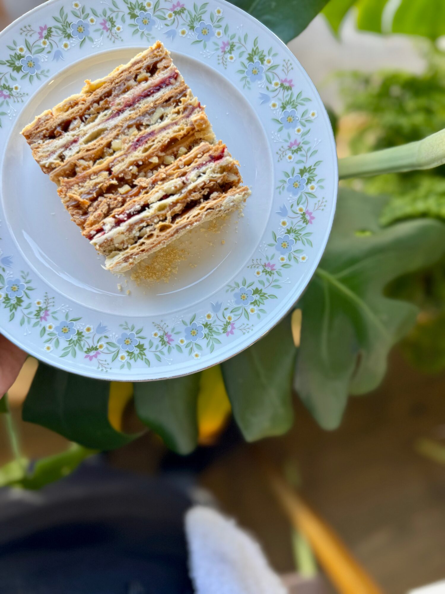 Slice of layered cake on a floral-patterned plate, with greenery in the background.