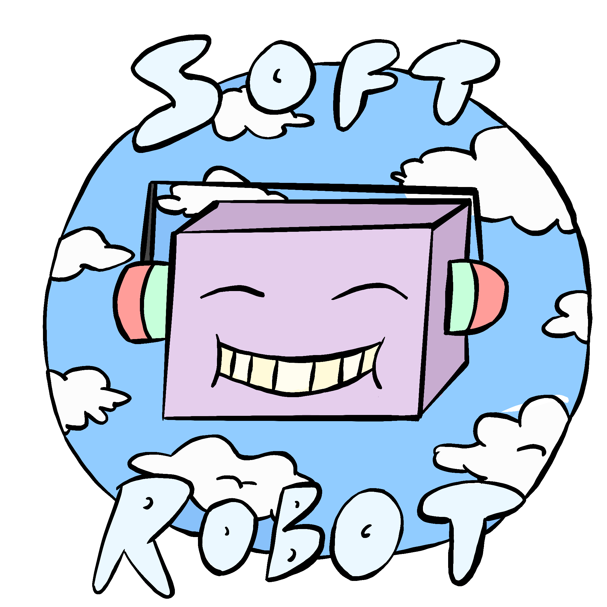 A cartoon robot with a purple face, smiling, surrounded by clouds and blue sky, with the words 'Soft Robot' above and below.