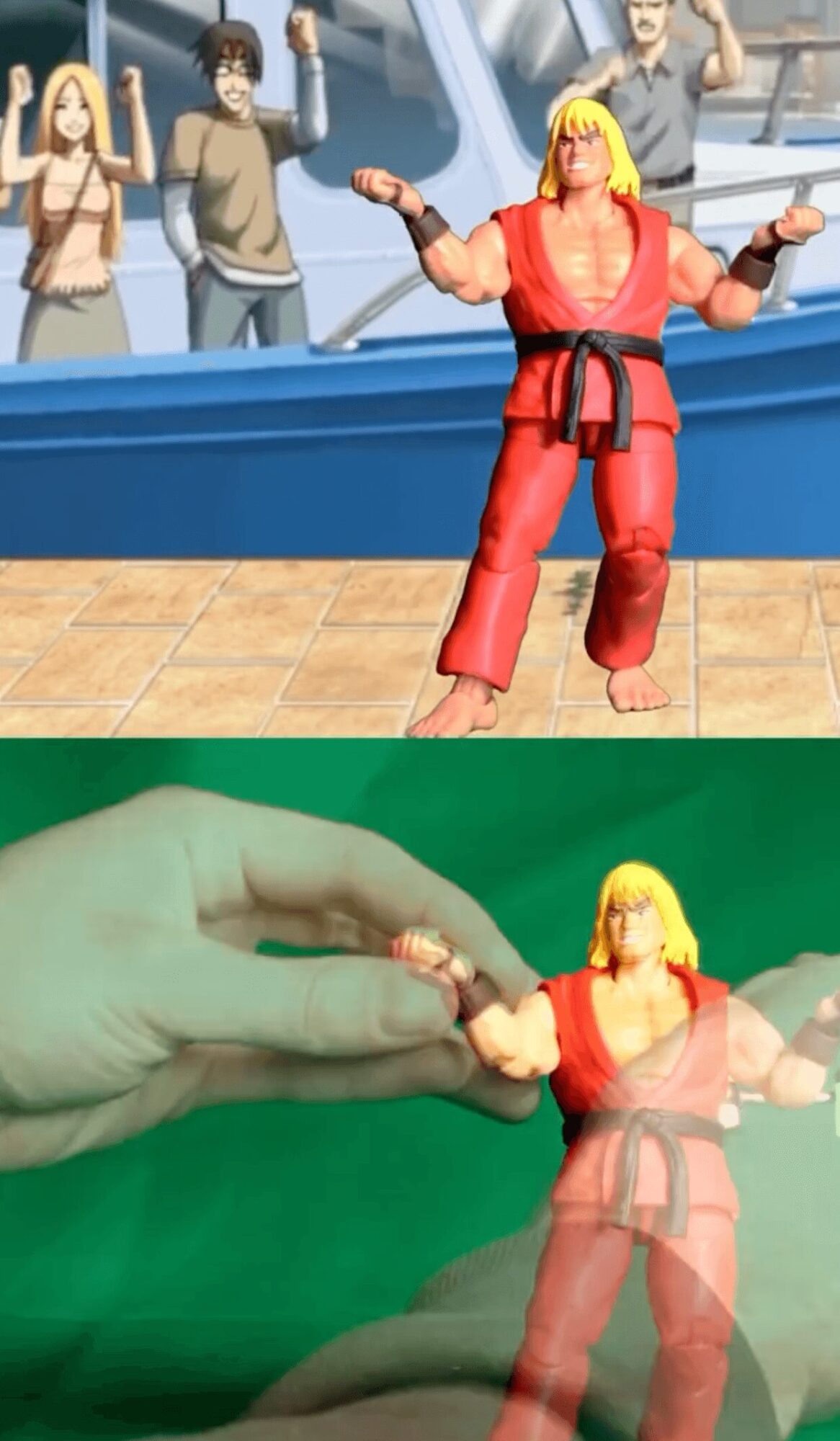 Action figure of a muscular martial artist in red uniform with yellow hair, posed with arms outstretched, in front of a green screen.