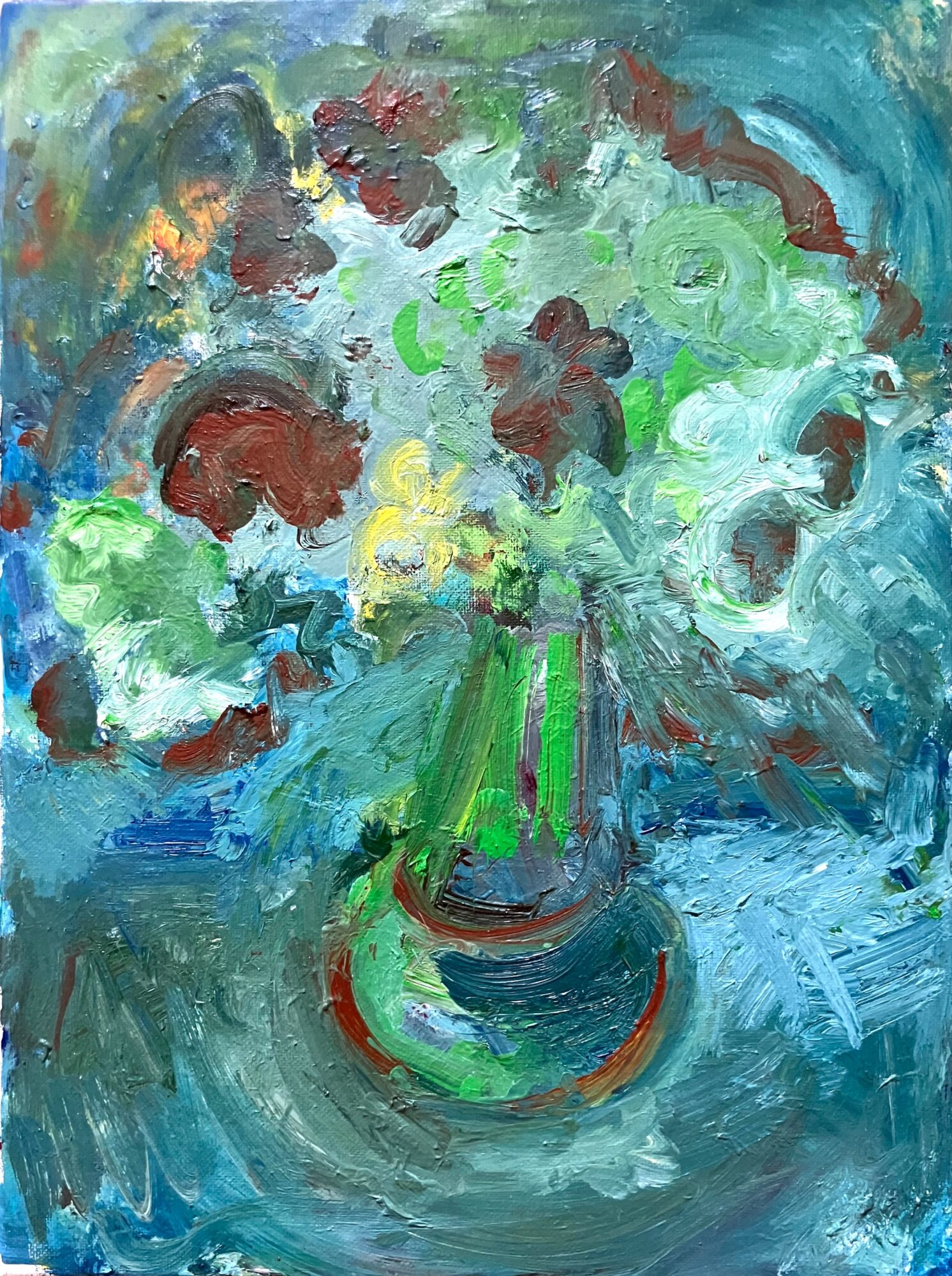 Abstract painting of a vase with flowers, using vibrant colors and loose brushstrokes.