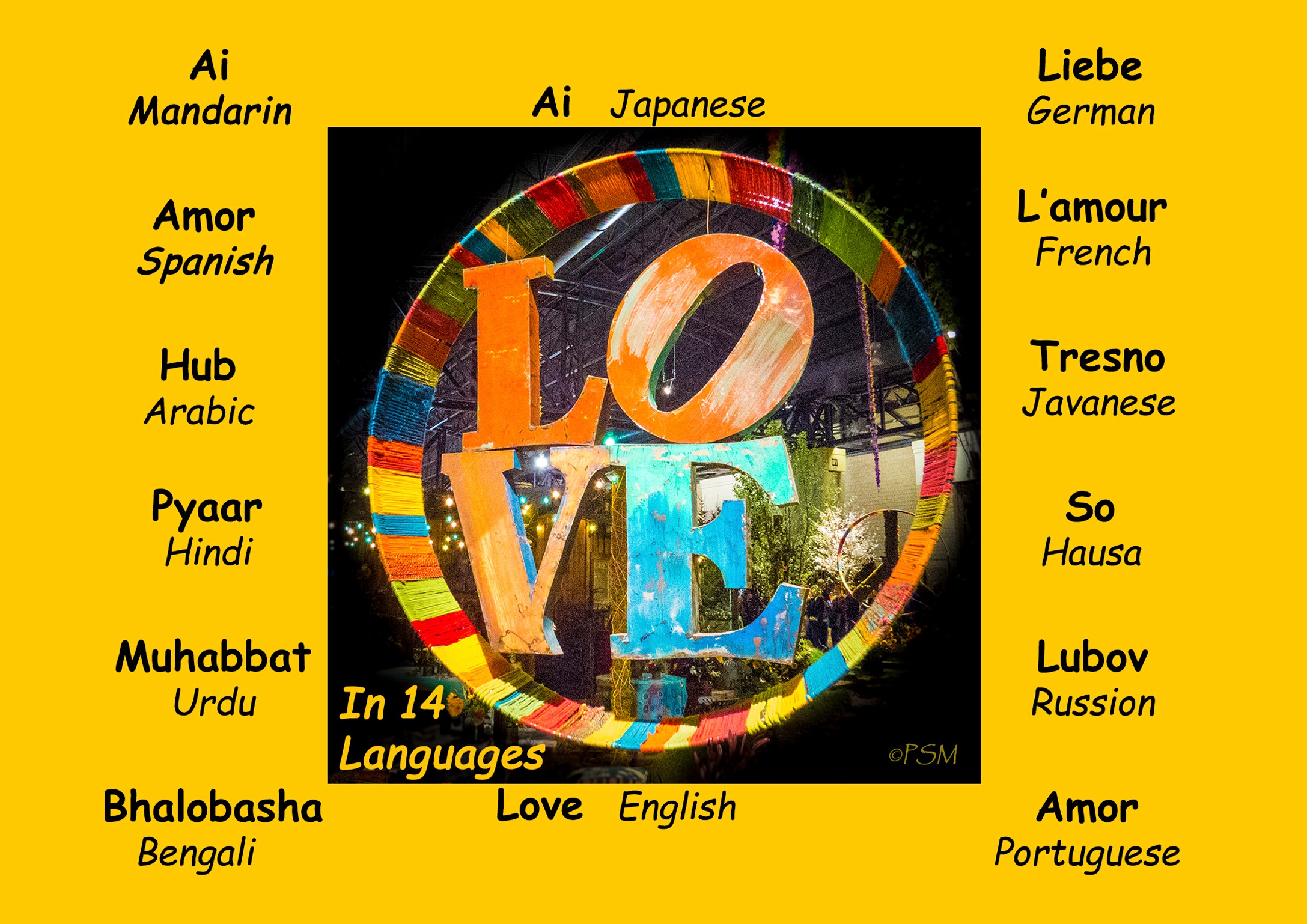 Colorful circular design with the word 'LOVE' in large letters, surrounded by language names on a yellow background.