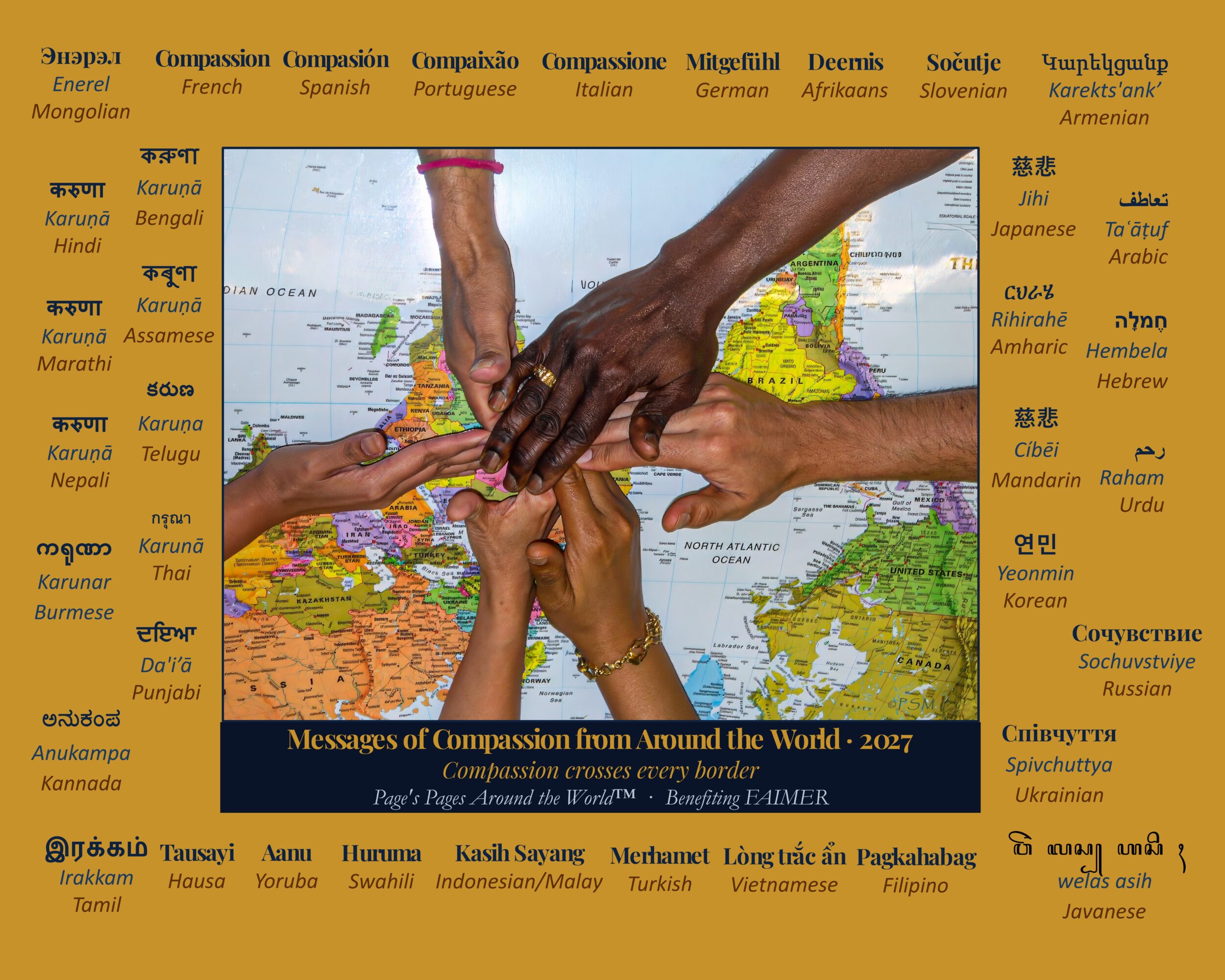 Multiple hands of different skin tones join together over a world map background, symbolizing unity and cooperation.