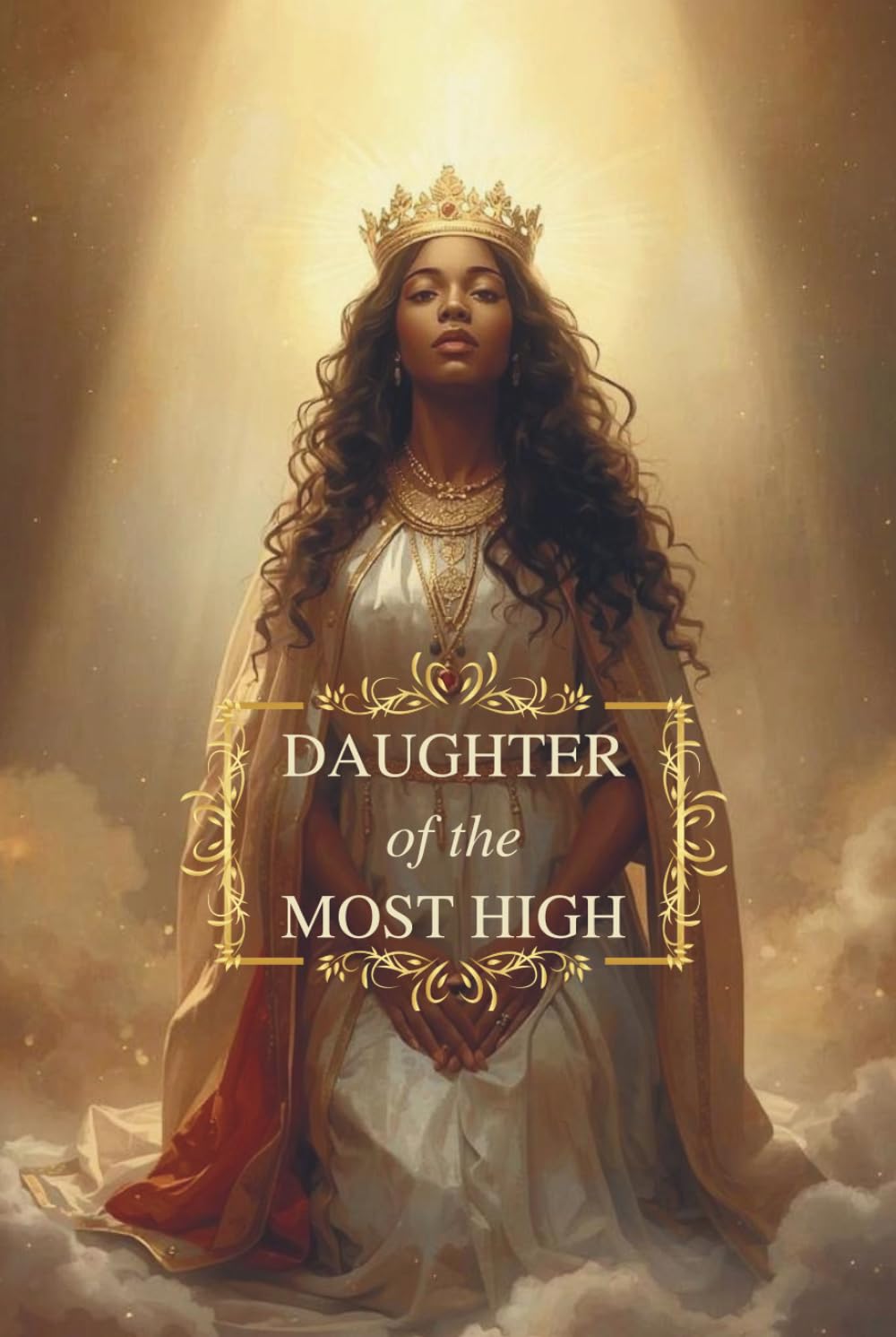 A woman wearing a crown and flowing dress, kneeling with hands clasped, illuminated by a golden light, with clouds around her.