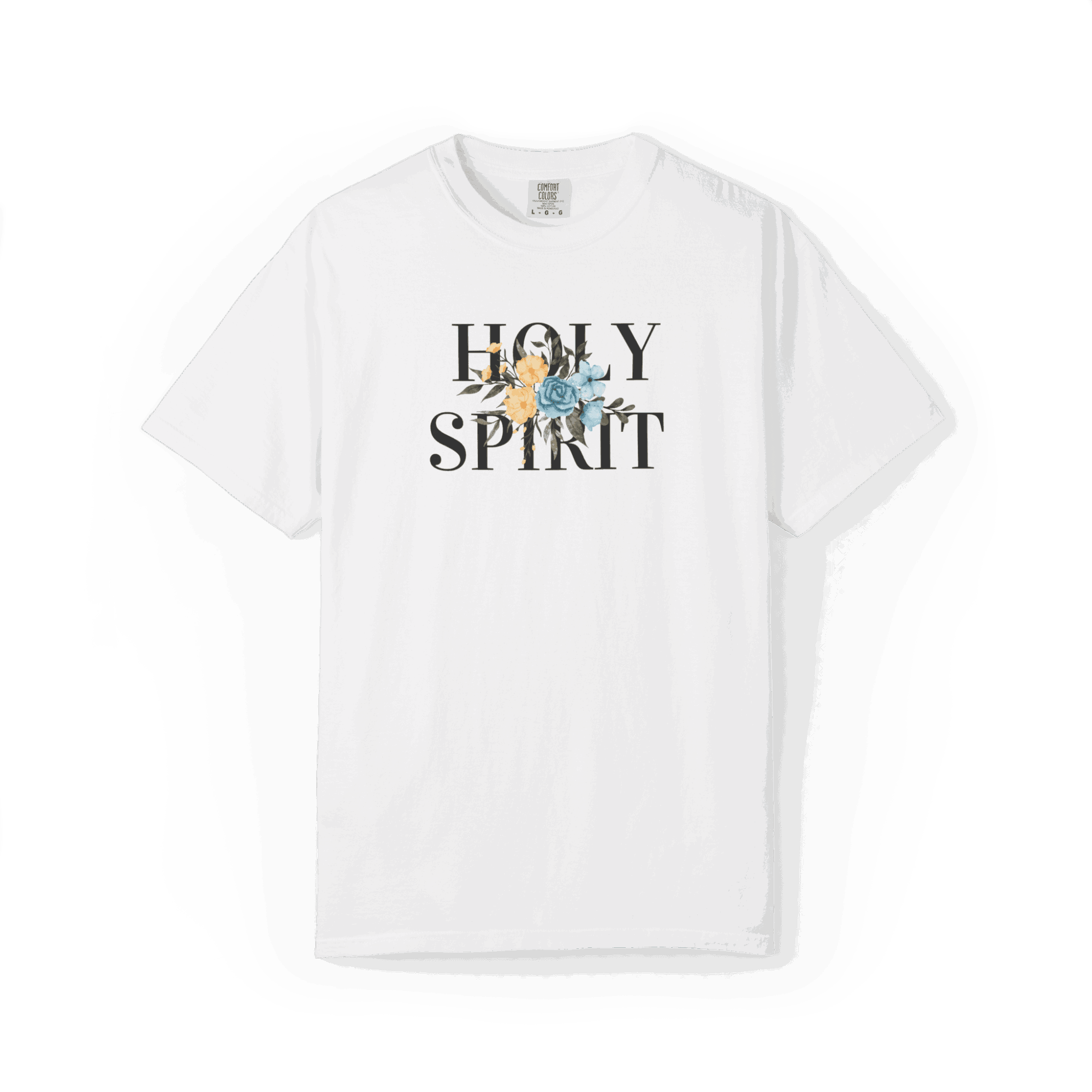 White T-shirt with text 'HOLY SPIRIT' and a blue and white illustration in the center.