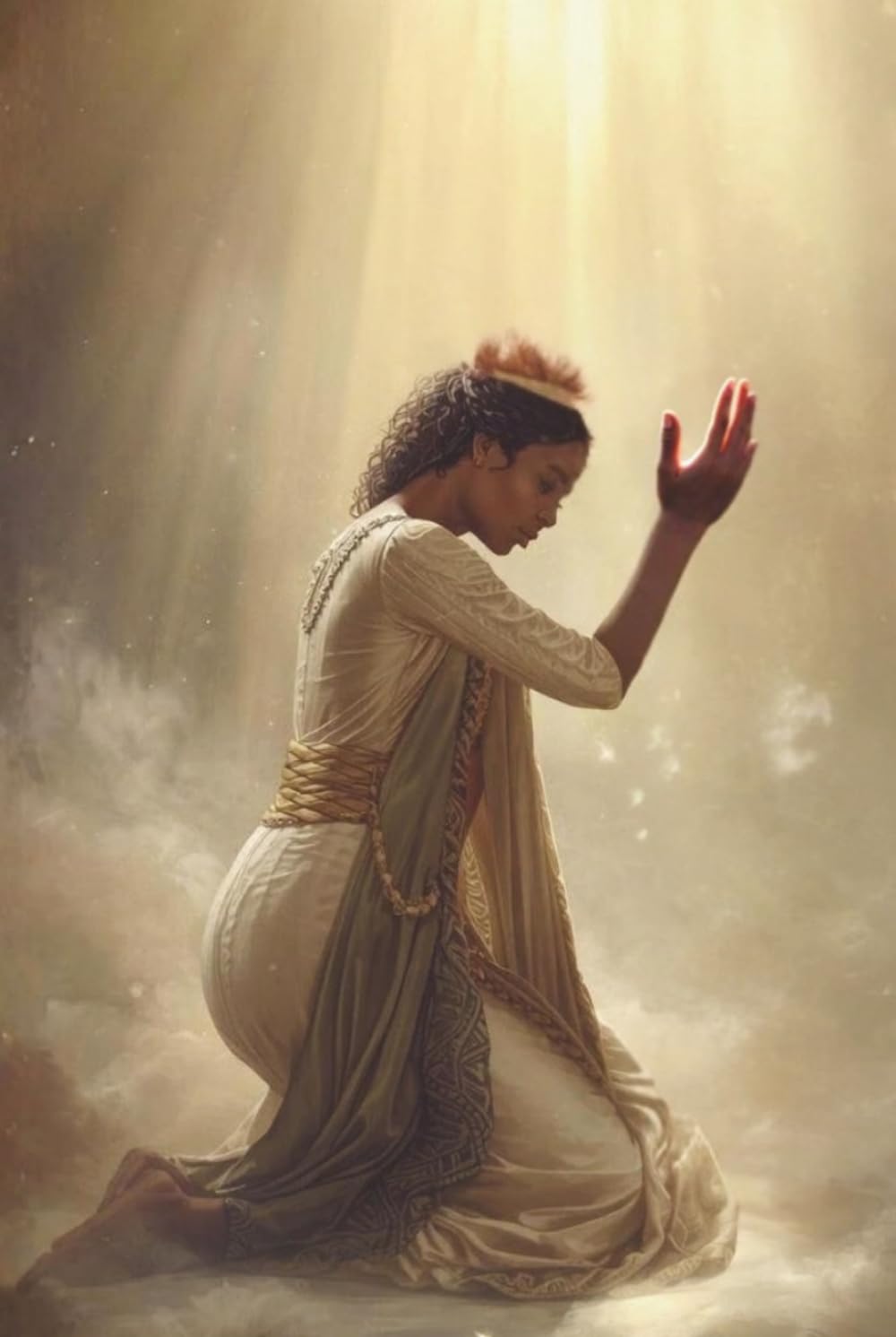 Person kneeling with one hand raised, illuminated by a beam of light, in a serene setting with soft clouds or mist