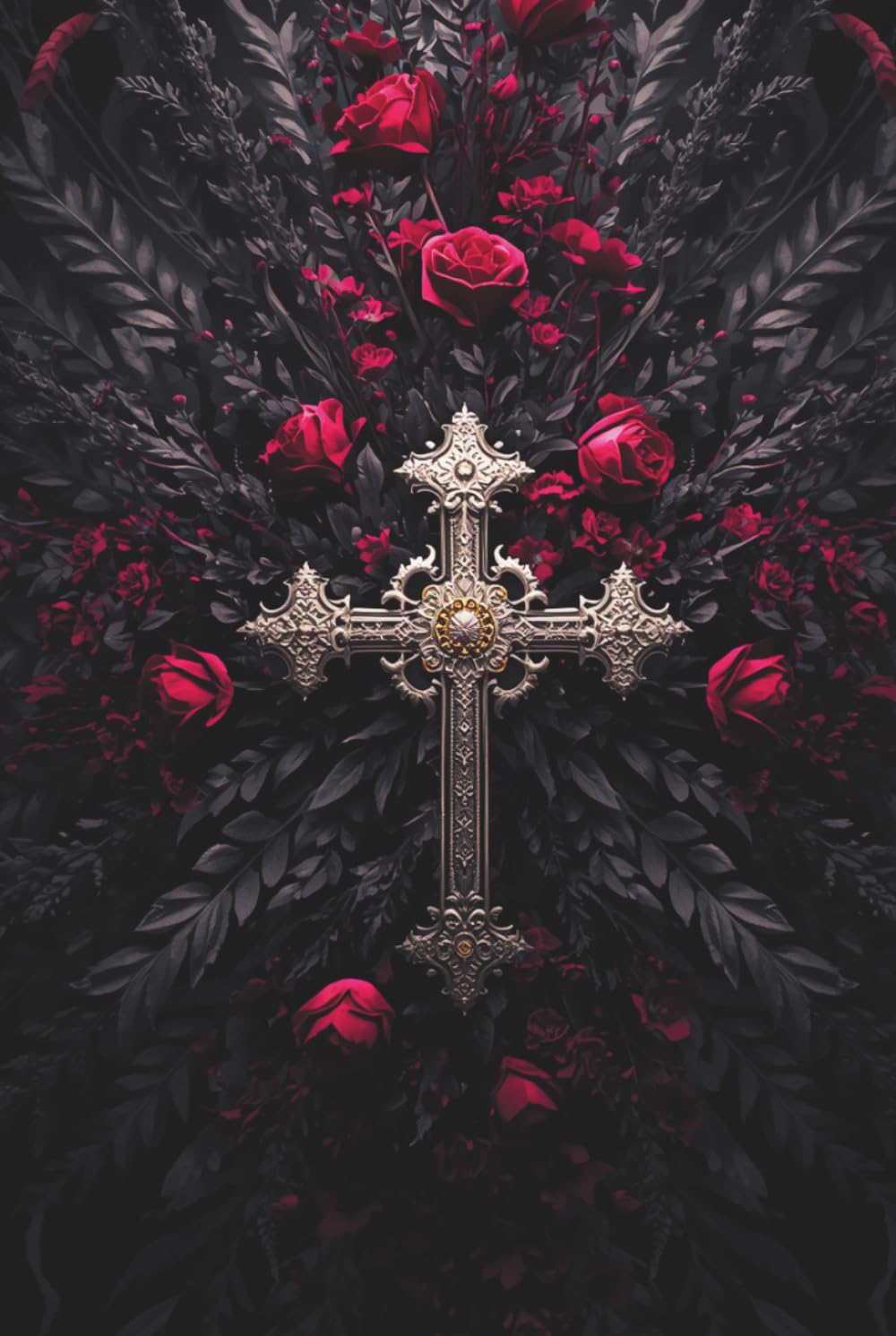 Silver ornate cross surrounded by dark leaves and red roses, centered in the image.