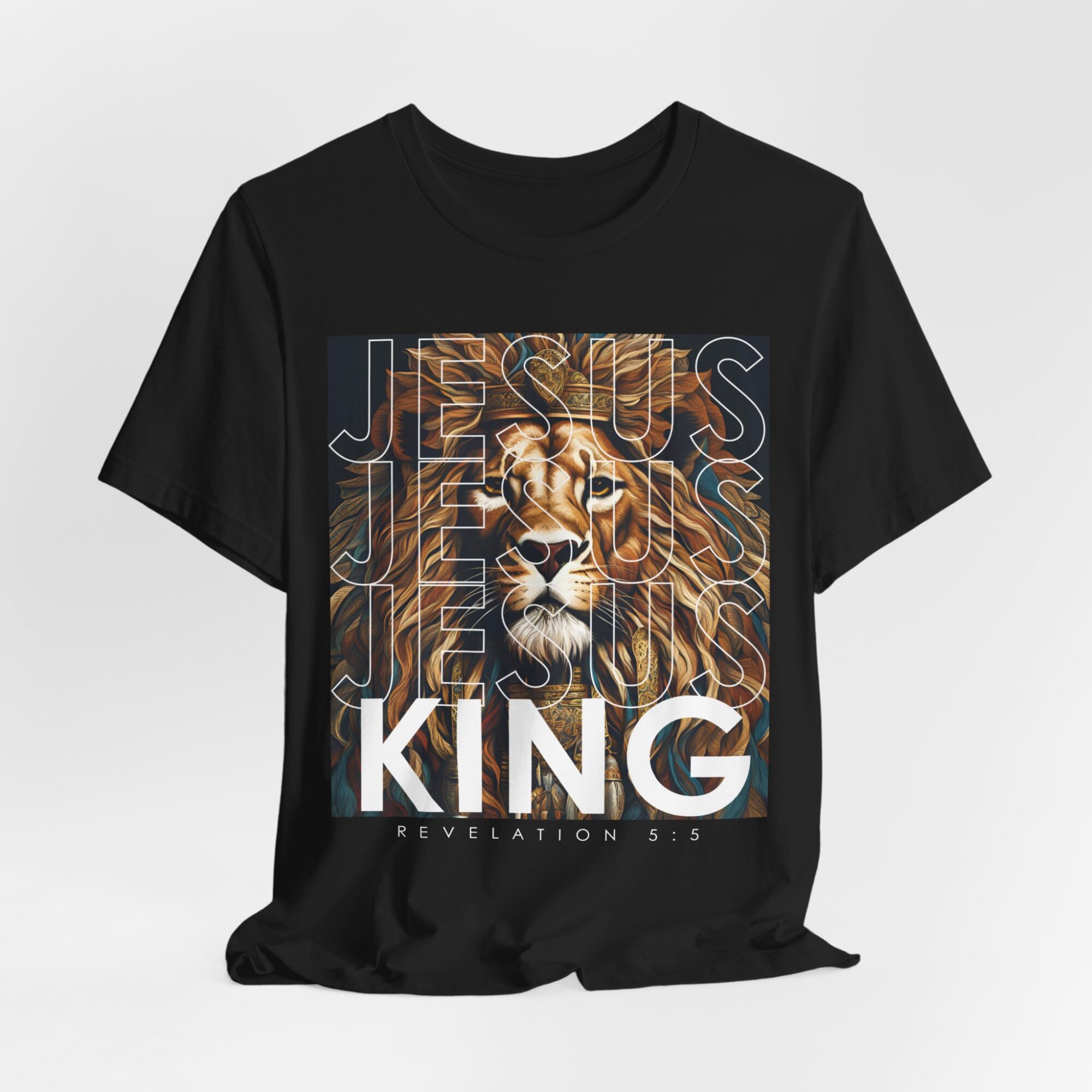 Black T-shirt with a lion's face and the words 'JESUS KING' and 'REVELATION 5:5' in white text.
