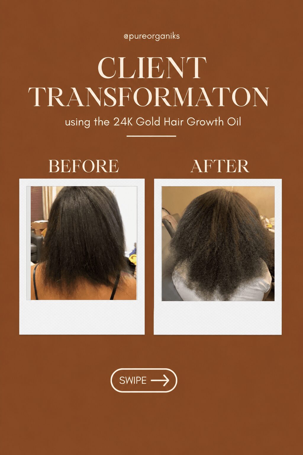 Comparison of hair before and after using 24K Gold Hair Growth Oil, showing improved hair volume and texture.
