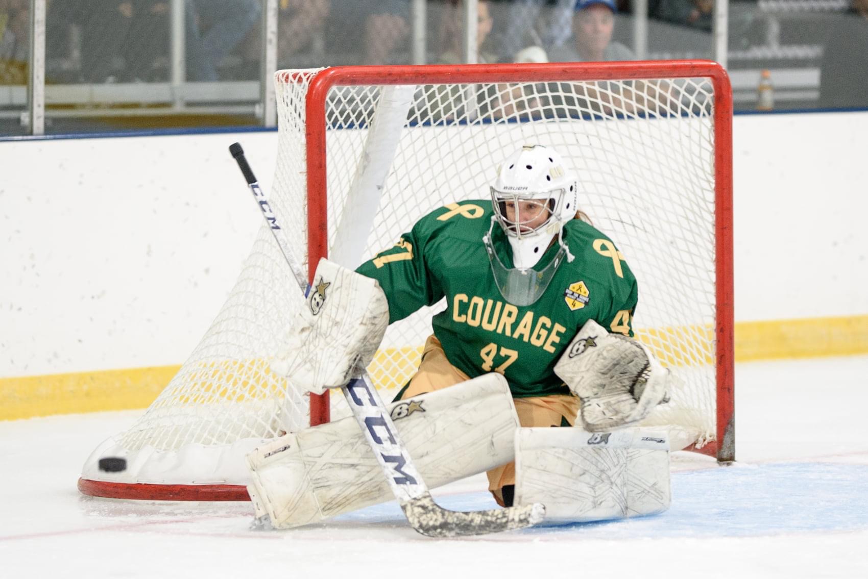 Ice hockey goalie in green jersey crouching in front of goal, wearing white helmet and pads, holding a stick, on ice rink.