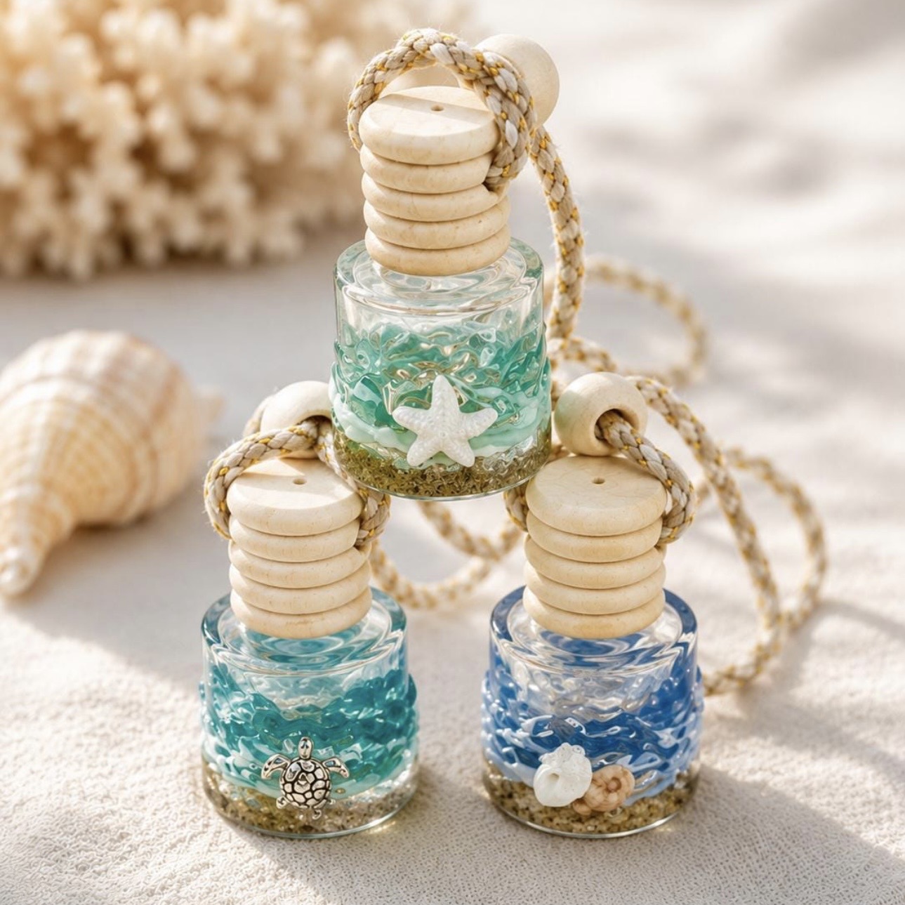 Three small glass bottles filled with blue and green liquid, decorated with seashells and starfish, on sand with a blurred shell background.