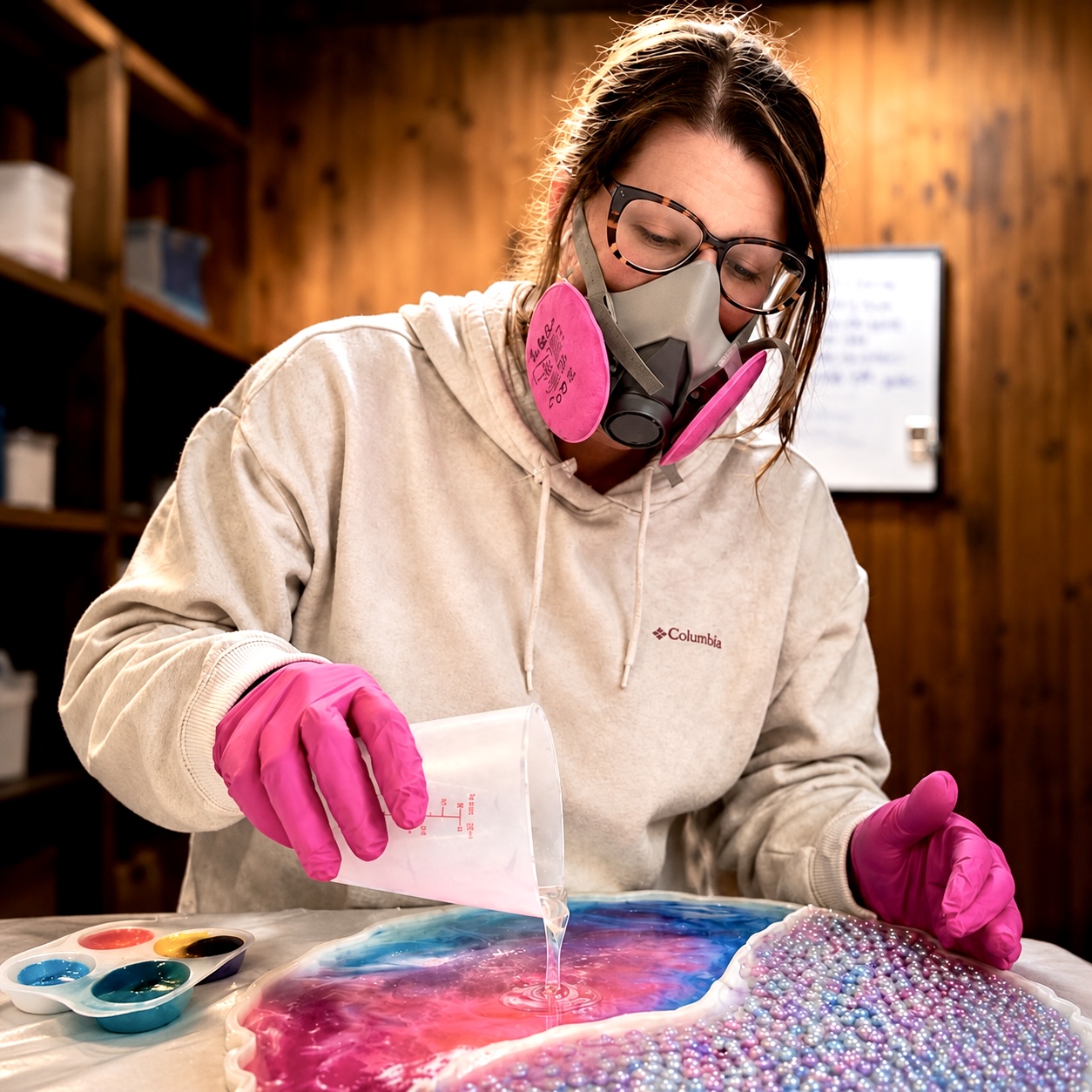 Woman wearing glasses, mask, and pink gloves pours paint onto a colorful textured surface in a wooden room.