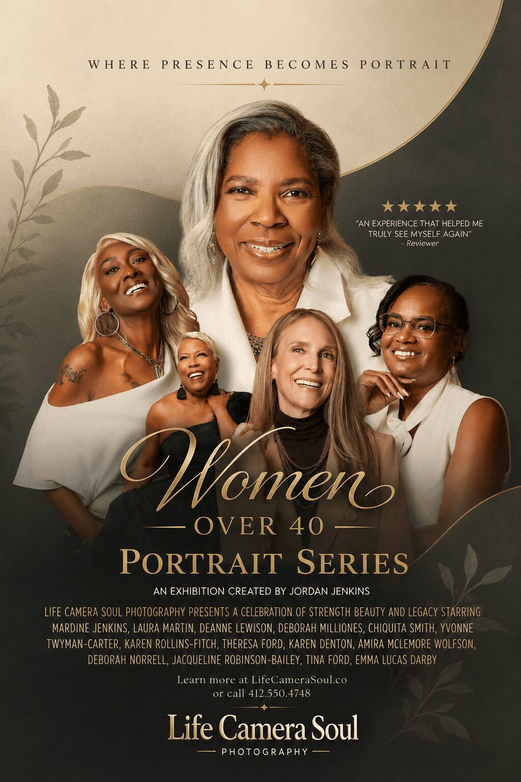 Group of five women over 40 smiling, with a large portrait of a woman in the background, and decorative leaves.