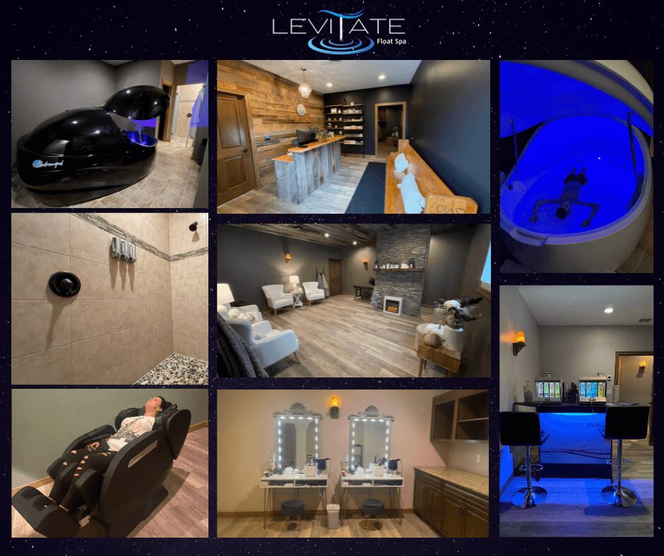 Collage of spa and relaxation images, including massage chairs, a reception area, a blue-lit tub, and treatment rooms.