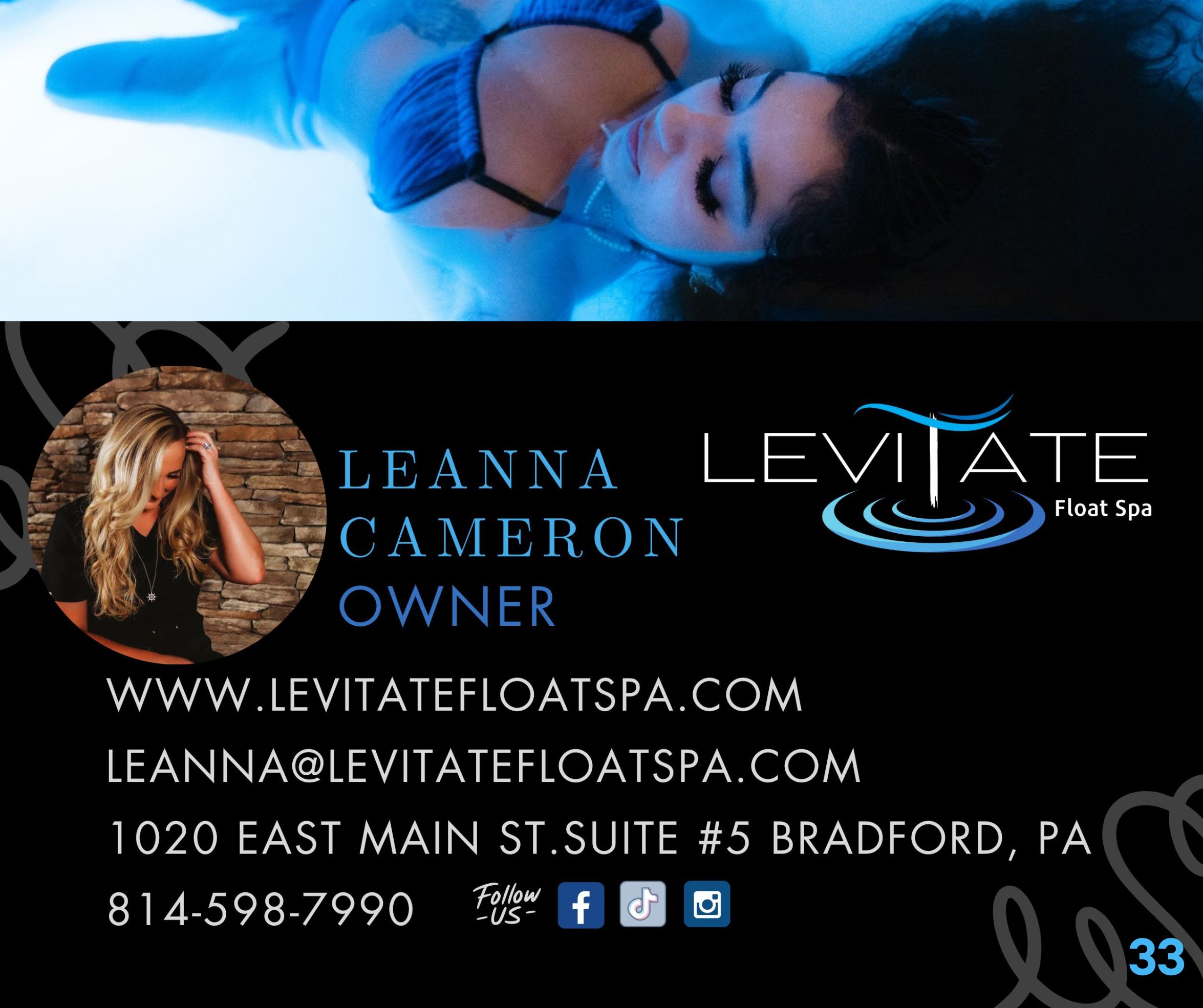 Business card for Leanna Cameron, owner of Levitate Float Spa, with a woman lying down and spa logo, contact info, and social media icons.