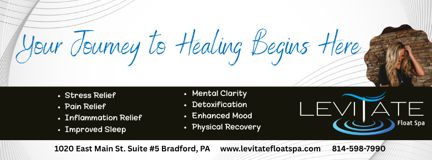 Text about healing journey, services offered, and contact information for Levitate Float Spa, with a person resting on a massage table.