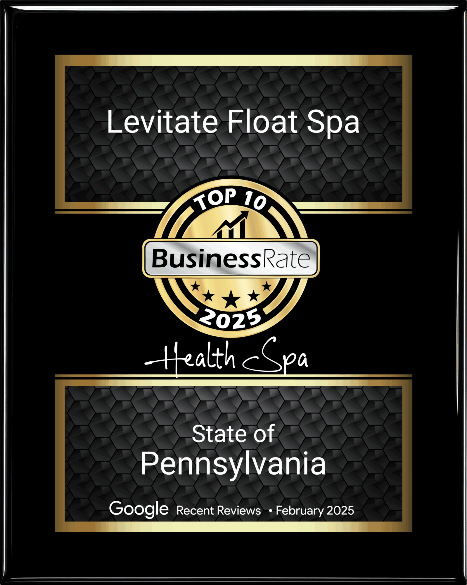 Award plaque for Levitate Float Spa, top 10 business in Pennsylvania, 2025, health spa, Google reviews, February 2025.