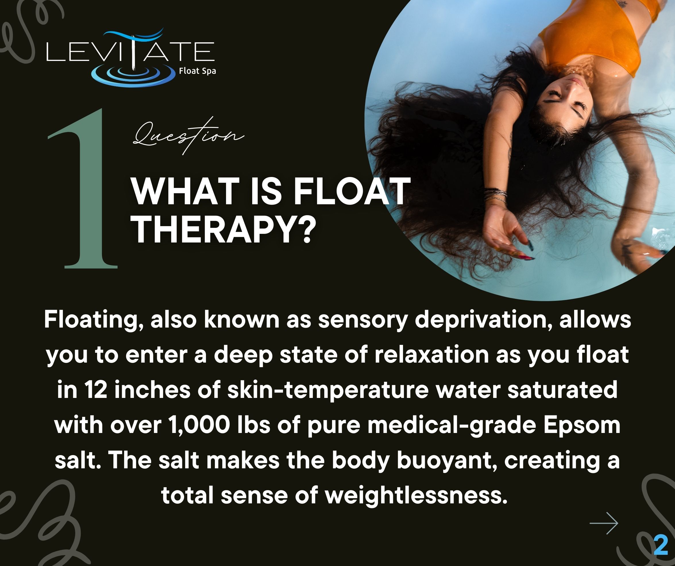 Woman floating in a pool with head tilted back, hair in water, orange swimsuit, and arm extended. Text explains float therapy benefits.