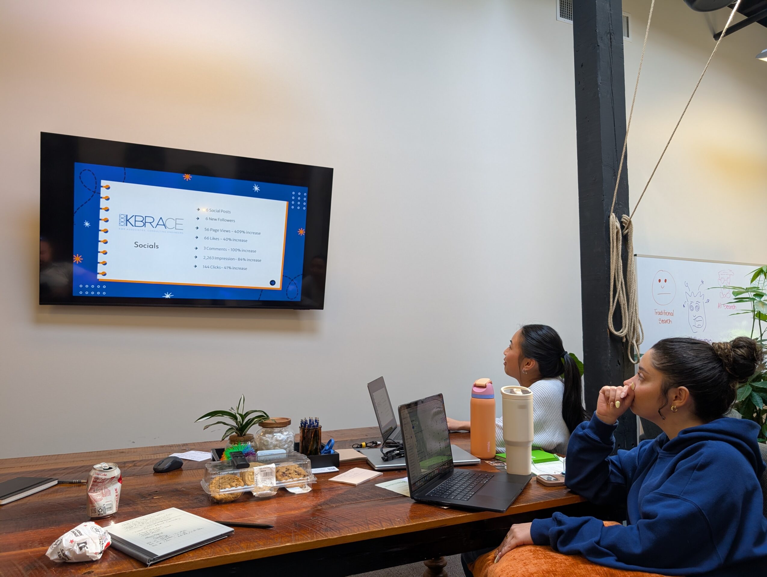 Two people sit at a table watching a presentation on a wall-mounted screen, with laptops and snacks on the table.