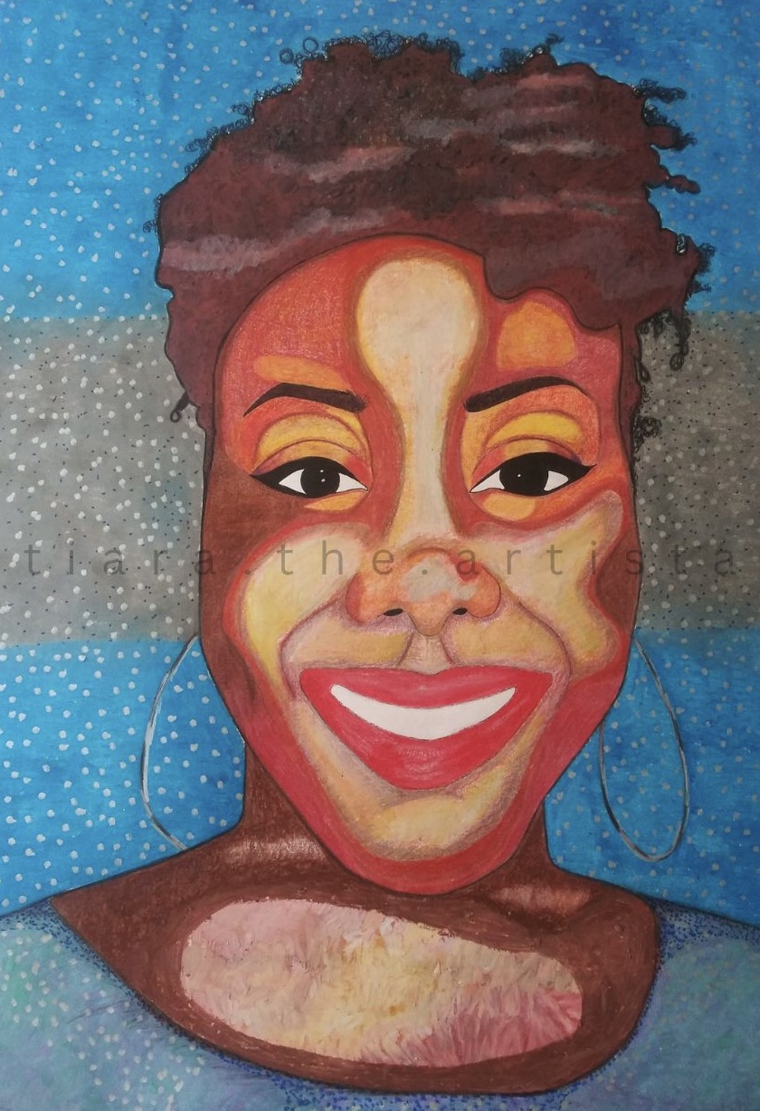 Portrait of a smiling woman with short curly hair, wearing hoop earrings, against a starry sky background.
