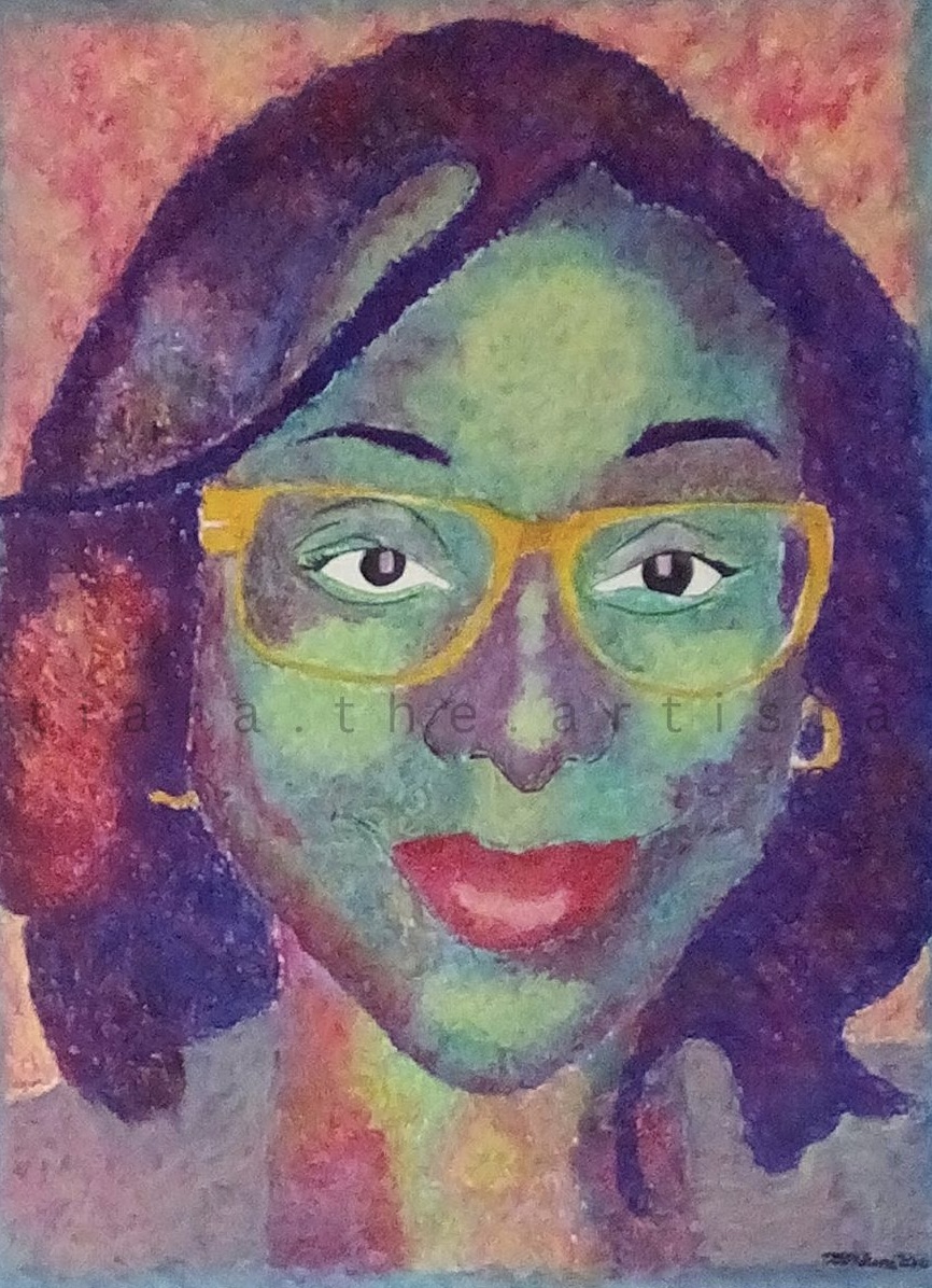 Portrait of a woman with glasses, smiling, with colorful background and vibrant colors, painted in a watercolor style.