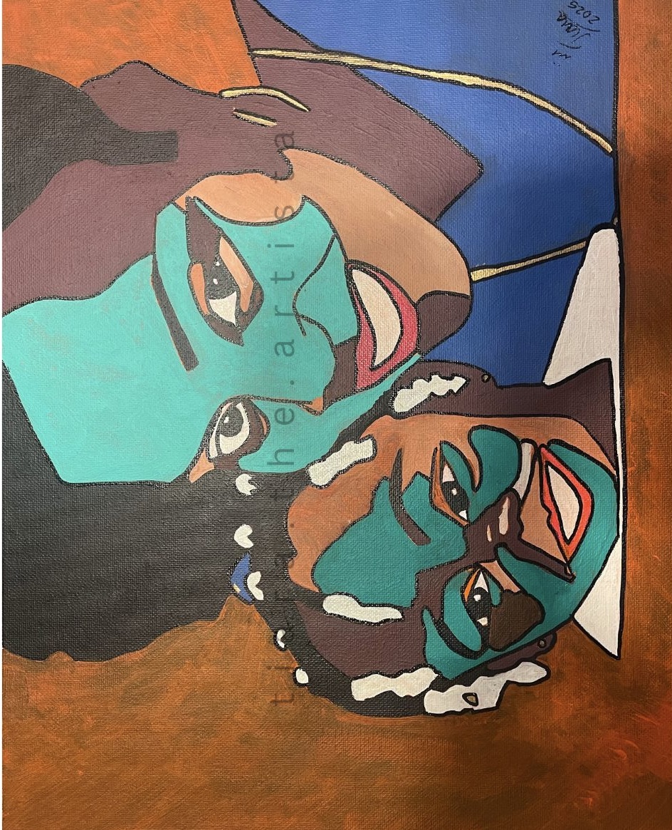 Two people lying down, one with glasses and curly hair, the other with straight hair, in a colorful illustration.