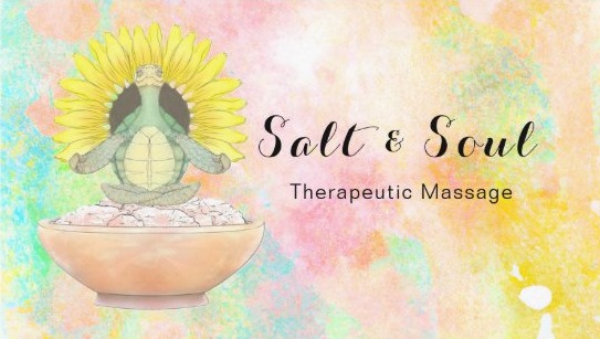 Illustration of a turtle with a sunflower on its back, sitting in a bowl, with pastel watercolor background and text.