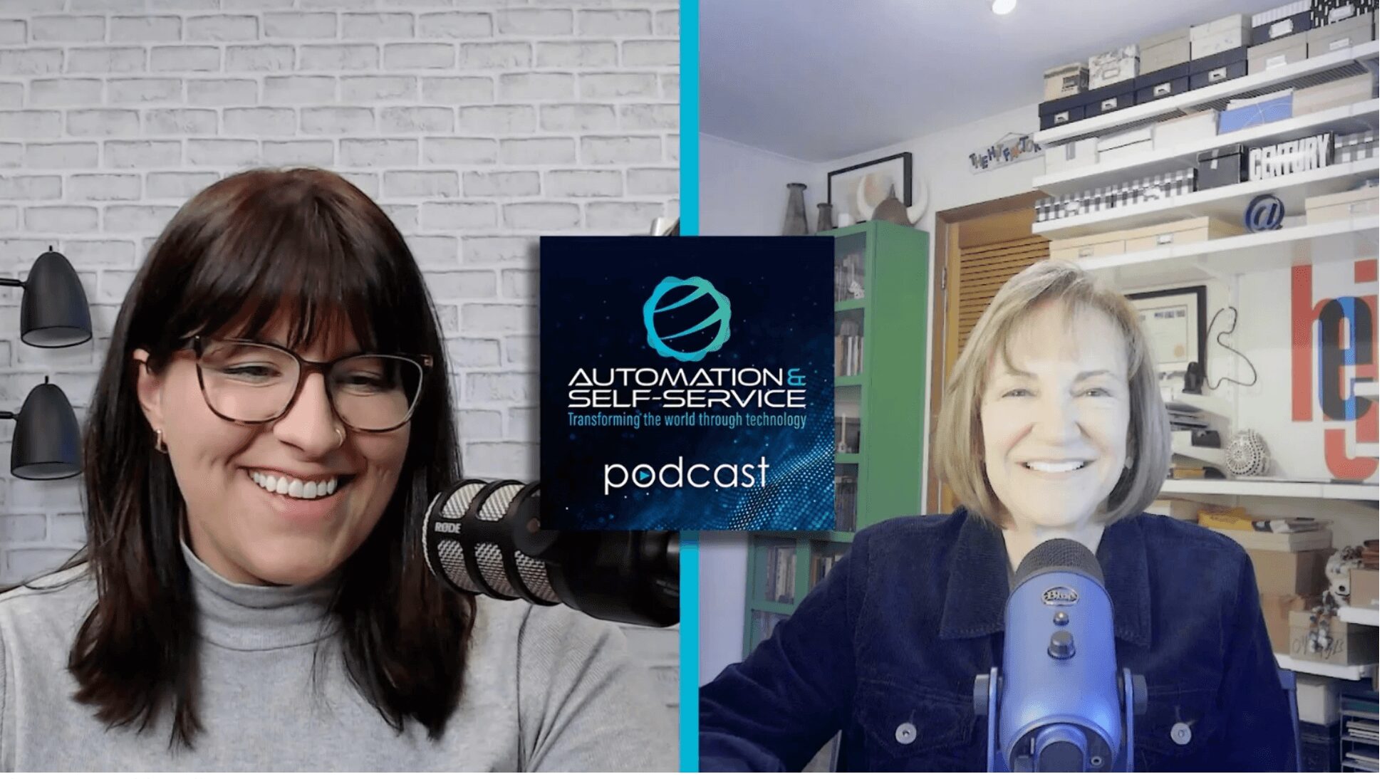 Two women smiling during a podcast recording, each with a microphone, in separate indoor settings.