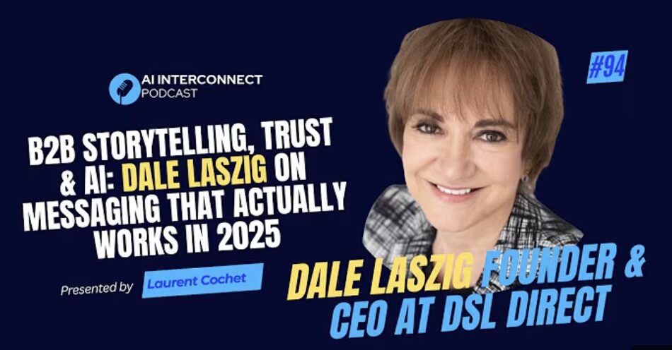 Podcast cover featuring a smiling woman with short hair, microphone, and text about storytelling and messaging in 2025.