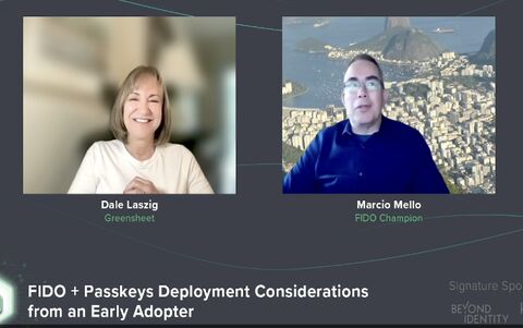 Two people in video call, woman smiling on left, man with city background on right, text about deployment considerations.