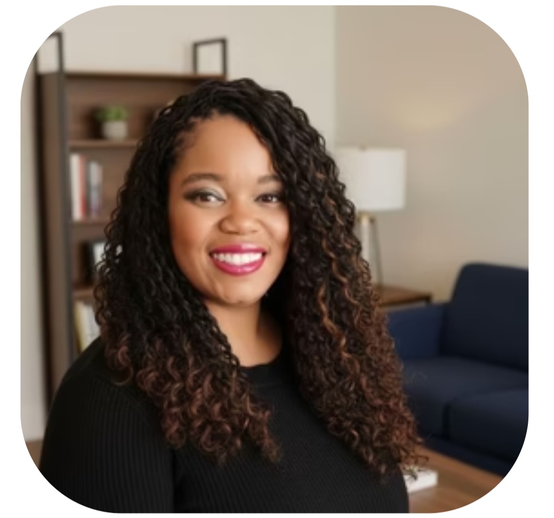 Smiling woman with curly hair in a living room, bookshelf, and lamp in background.