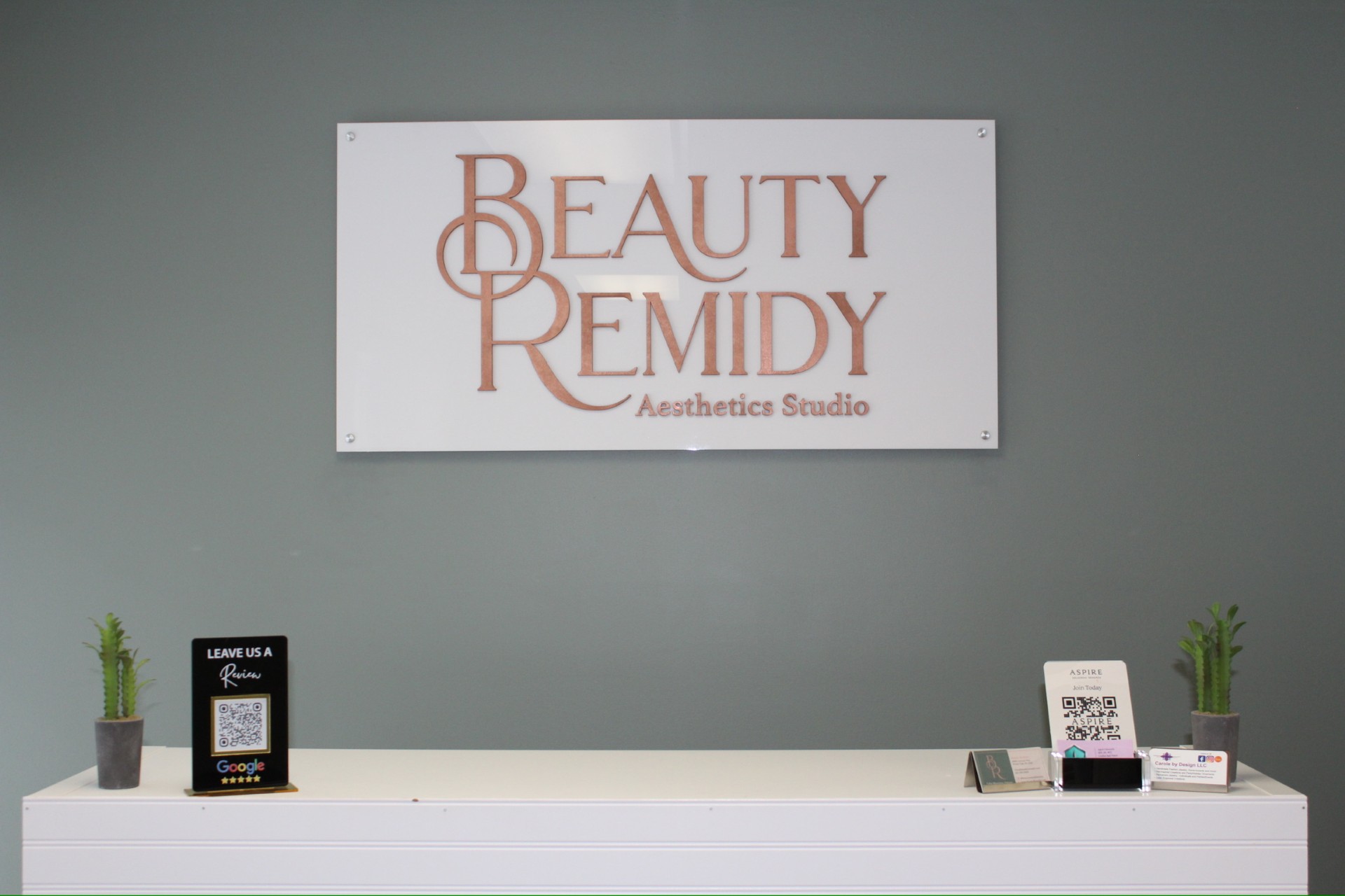 Reception desk with two potted plants, a sign, and a small display, in front of a gray wall with a sign reading 'Beauty Remedy' and 'Aesthetics Studio'.