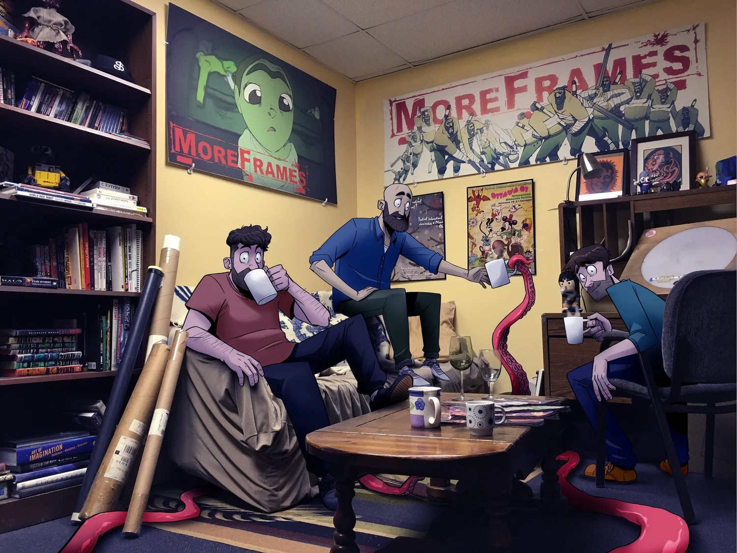 Room with animated characters, posters, bookshelves, and a table with drinks, in a colorful, cluttered space.