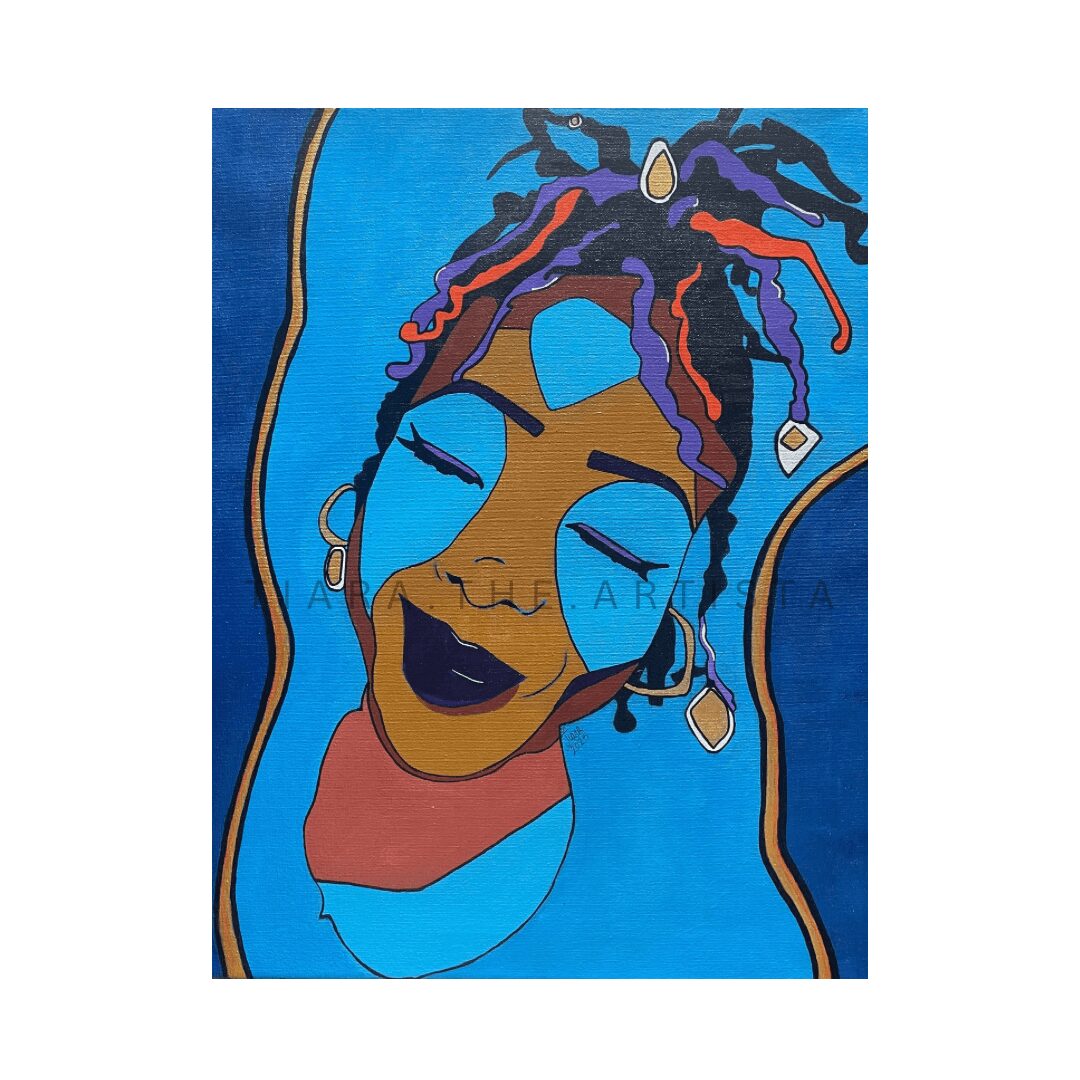 Abstract portrait of a woman with colorful dreadlocks, closed eyes, and dark lipstick, set against a blue background.