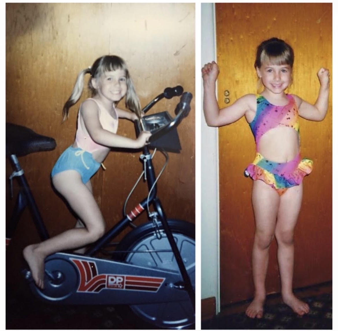 Two images of a young girl, one on a stationary bike and one flexing her arms, smiling. Wooden background.