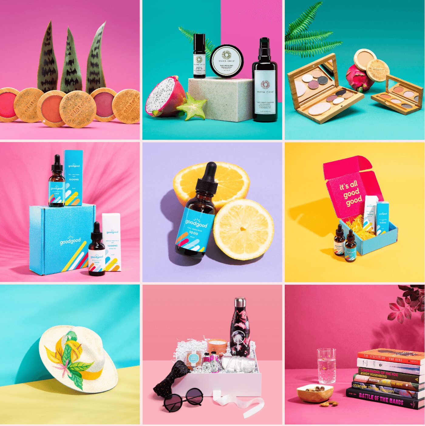 Collection of beauty and skincare products, makeup, and accessories arranged on colorful backgrounds.